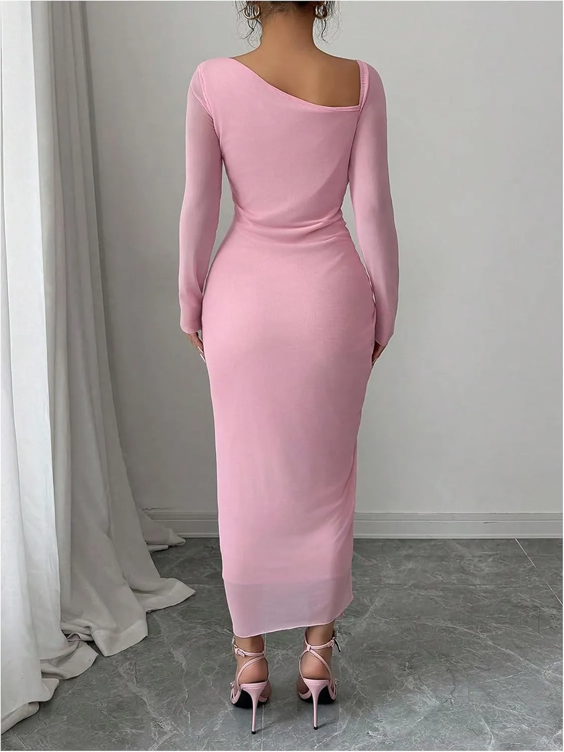 GORGLITTER Women's Drawstring Ruched Split Thigh Mesh Dress Asymmetrical Neck Maxi Dresses