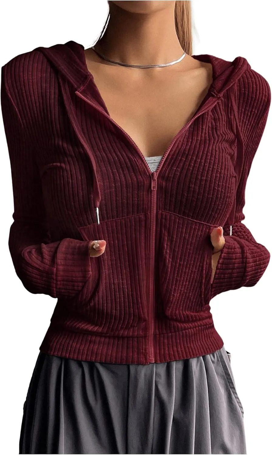 GORGLITTER Women's Lightweight Zip Up Hoodie Drawstring Long Sleeve Cropped Jacket