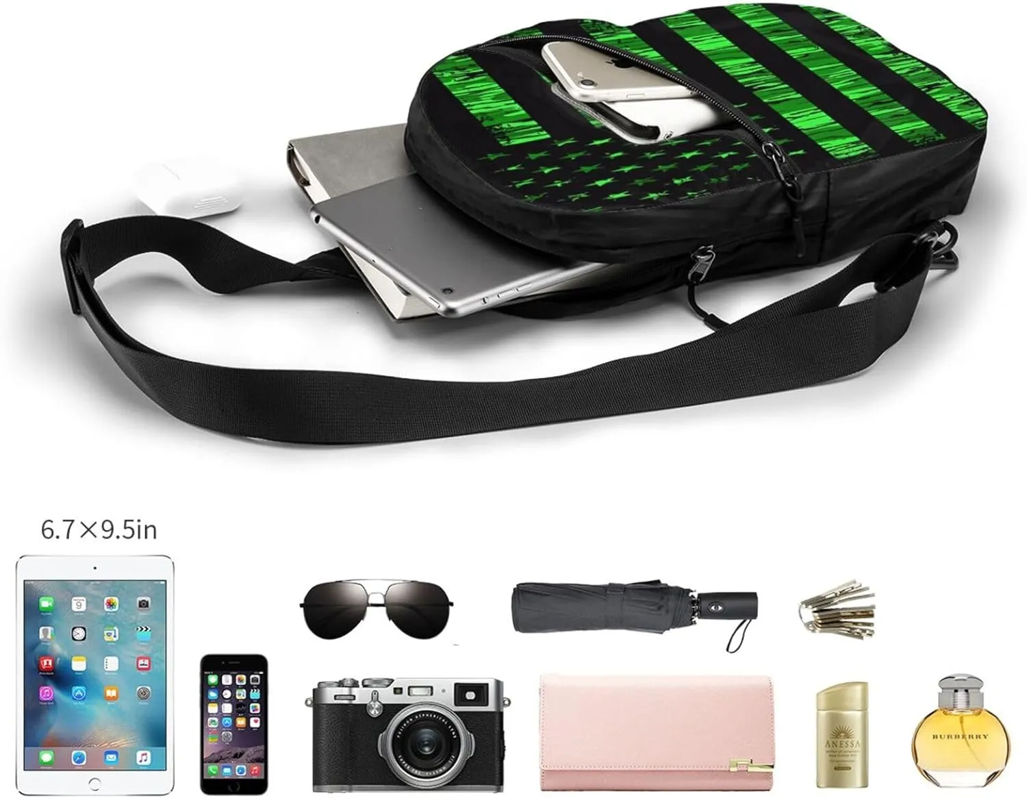 Green Camo Grunge American Flag Portable Sling Bags Packable Crossbody Bag Foldable Sport Daypack Reusable Shoulder Backpack Diagonally Chest Bag for Workout Travel