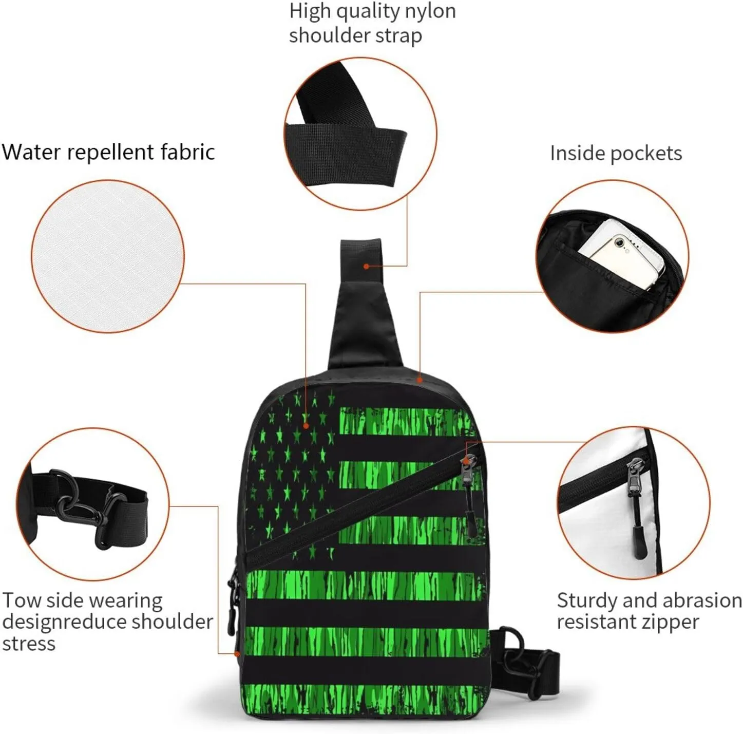 Green Camo Grunge American Flag Portable Sling Bags Packable Crossbody Bag Foldable Sport Daypack Reusable Shoulder Backpack Diagonally Chest Bag for Workout Travel