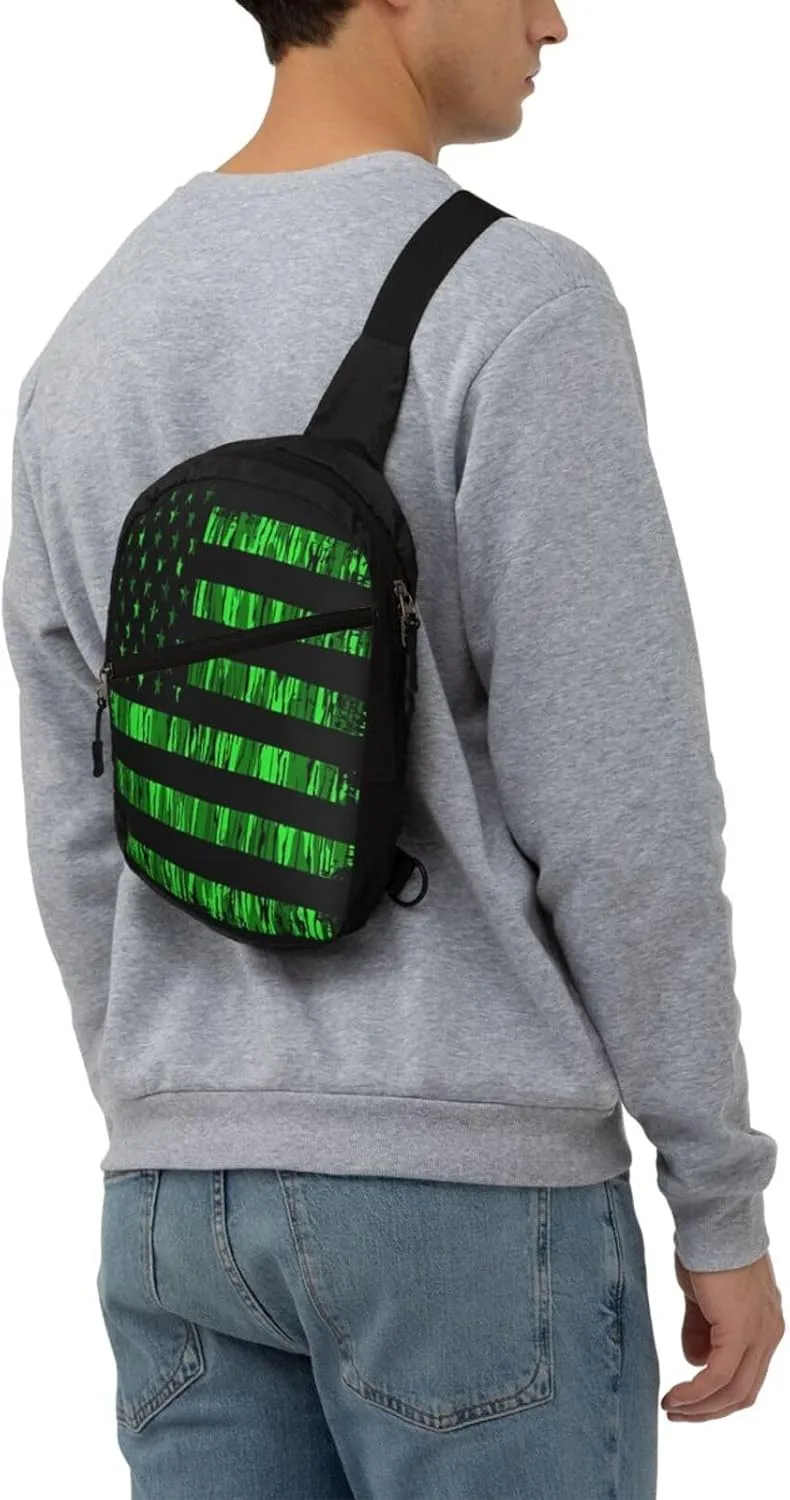 Green Camo Grunge American Flag Portable Sling Bags Packable Crossbody Bag Foldable Sport Daypack Reusable Shoulder Backpack Diagonally Chest Bag for Workout Travel