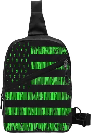 Green Camo Grunge American Flag Portable Sling Bags Packable Crossbody Bag Foldable Sport Daypack Reusable Shoulder Backpack Diagonally Chest Bag for Workout Travel