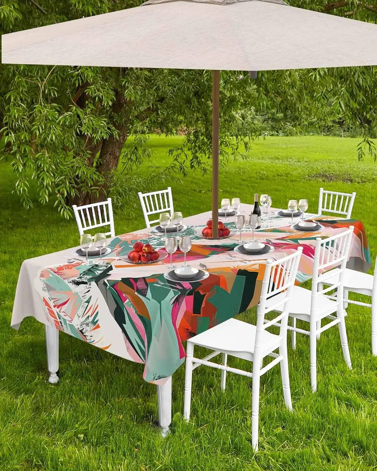 Green Orange Outdoor Tablecloths with Umbrella Hole and Zipper, Waterproof/Stain Resistant Rectangle Table Cloth 60x120 Patio Table Cover for Picnic/Party Abstract Mountains Range Modern Painted Art