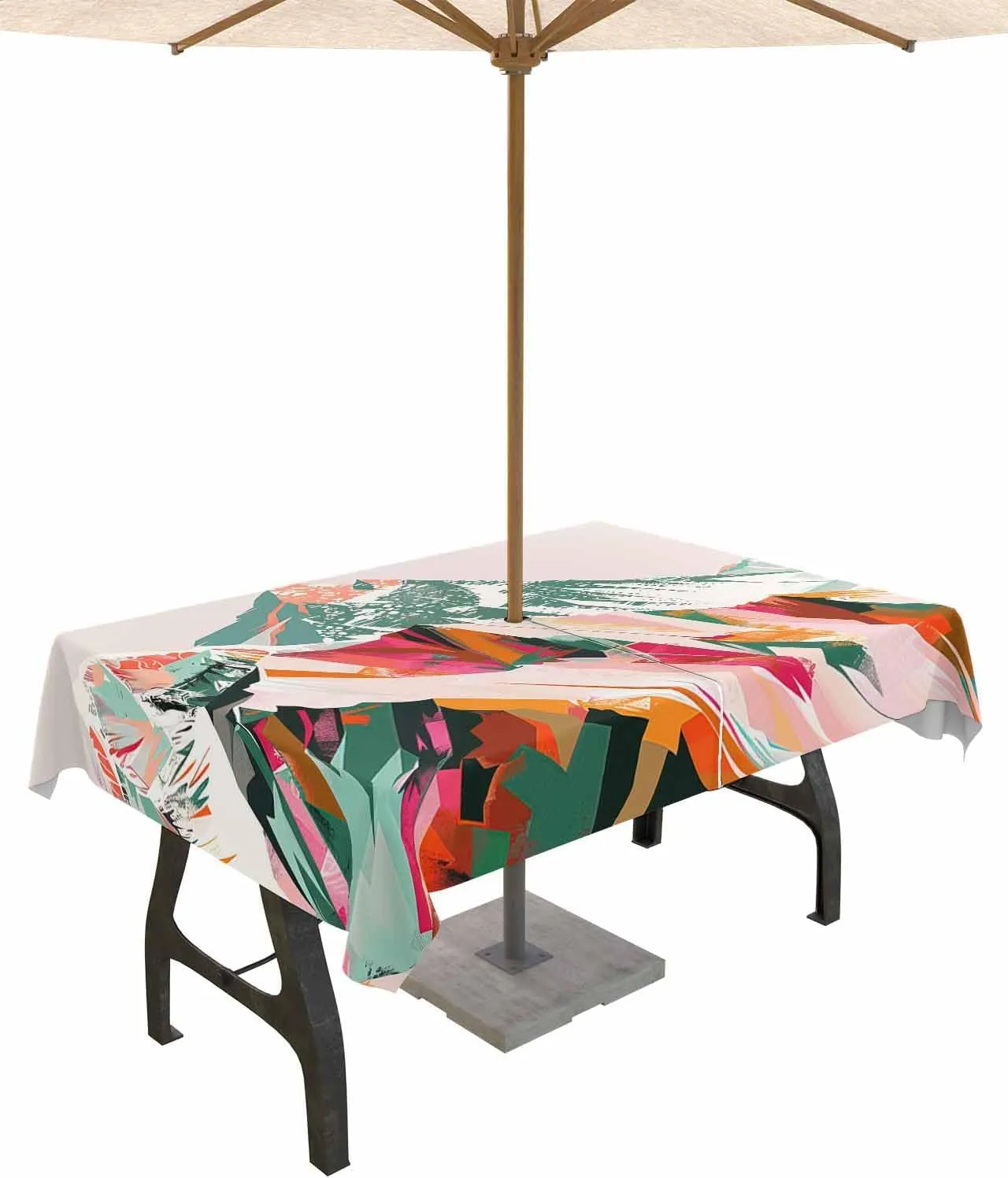 Green Orange Outdoor Tablecloths with Umbrella Hole and Zipper, Waterproof/Stain Resistant Rectangle Table Cloth 60x120 Patio Table Cover for Picnic/Party Abstract Mountains Range Modern Painted Art