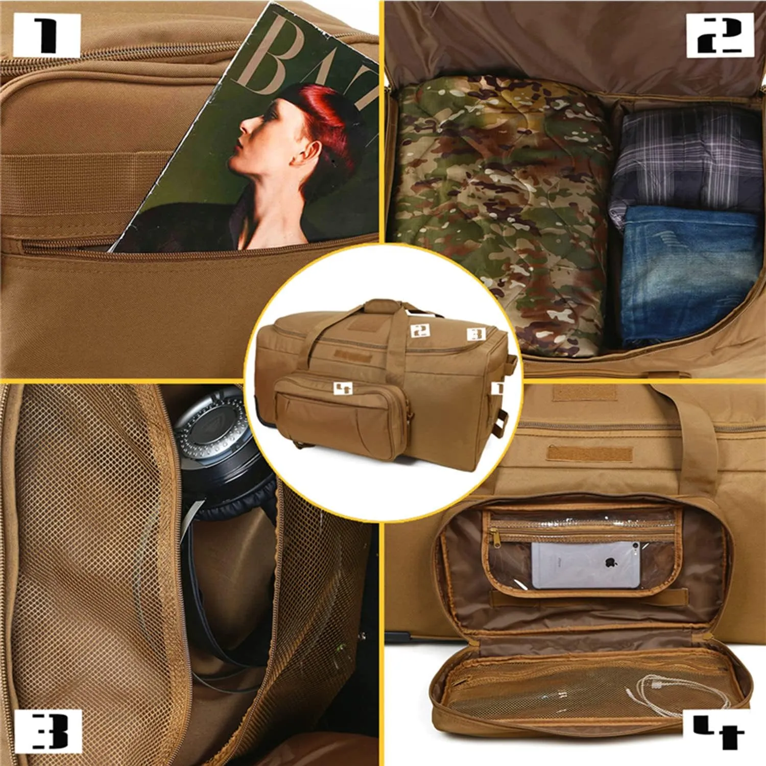 Greencity Duffel Bag Wheels Rolling Deployment Wheeled Military Suitcase Heavy-Duty Extra large deployment bag Capacity 32 Inch，Coyote
