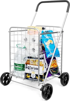 Grocery Utility Shopping Cart - Deluxe Utility Cart with Oversized Basket and Tool Free Installation Light Weight Folding Cart with Wide Cushion Handle Bar for Laundry Book Luggage Travel