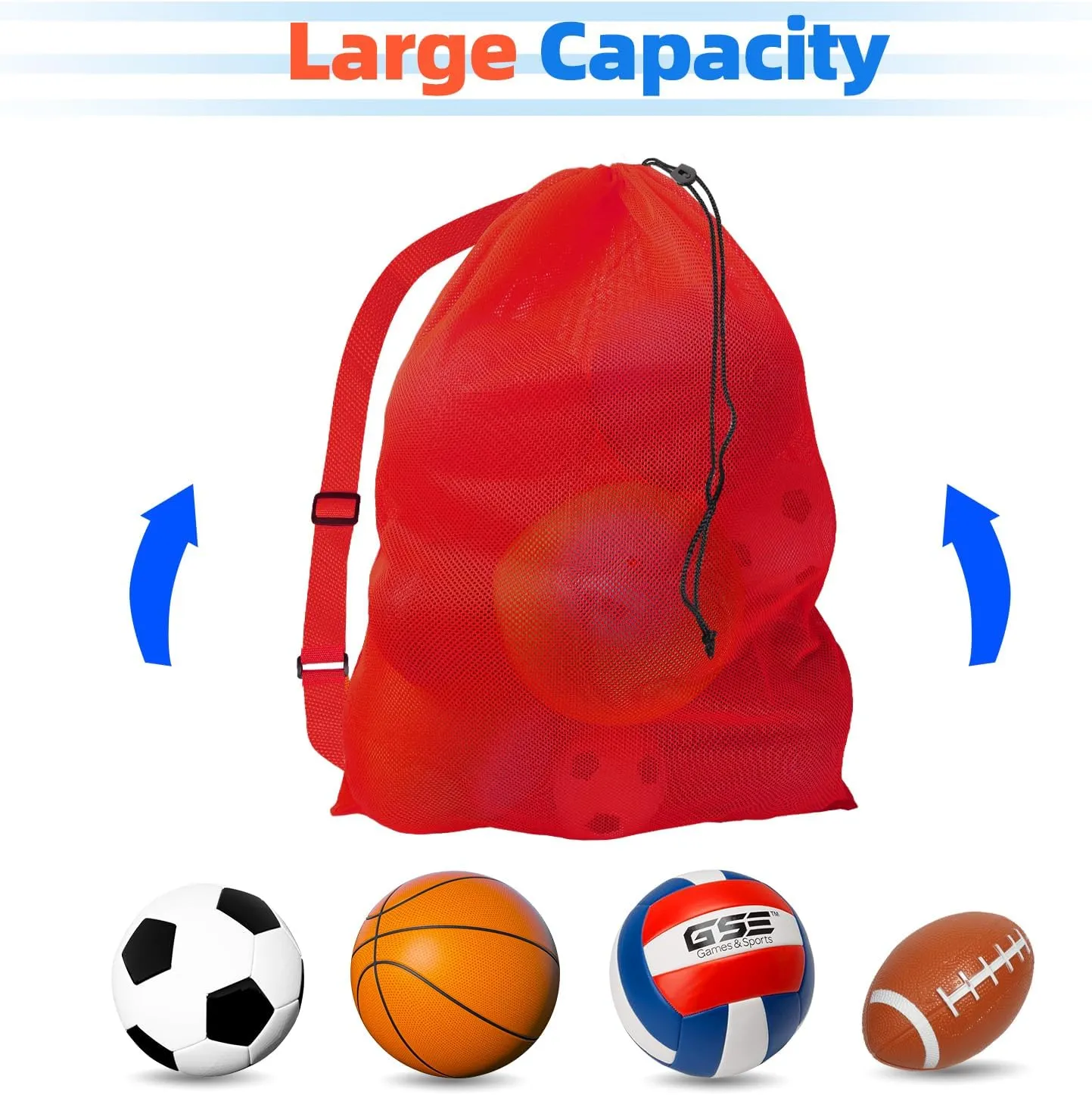 GSE Games & Sports Expert Red Extra Large Mesh Sports Ball Drawstring Bag, 30" x 40" Soccer Equipment Bag with Adjustable Shoulder Strap for Football, Basketball, Volleyball, Swimming