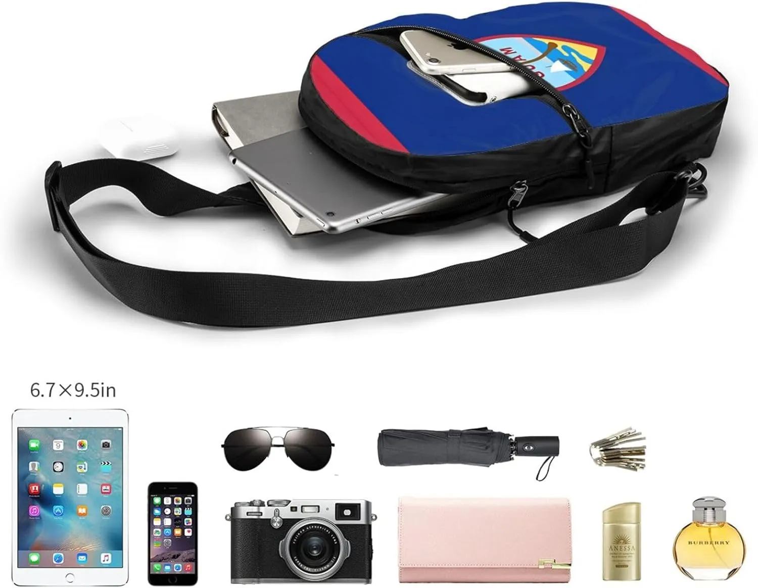 Guam Flag Packable Crossbody Bag Portable Sling Bags Foldable Travel Daypack Reusable Sports Shoulder Backpack Diagonally Chest Bag for Workout