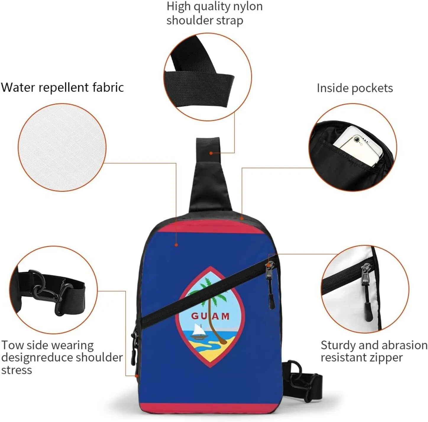 Guam Flag Packable Crossbody Bag Portable Sling Bags Foldable Travel Daypack Reusable Sports Shoulder Backpack Diagonally Chest Bag for Workout