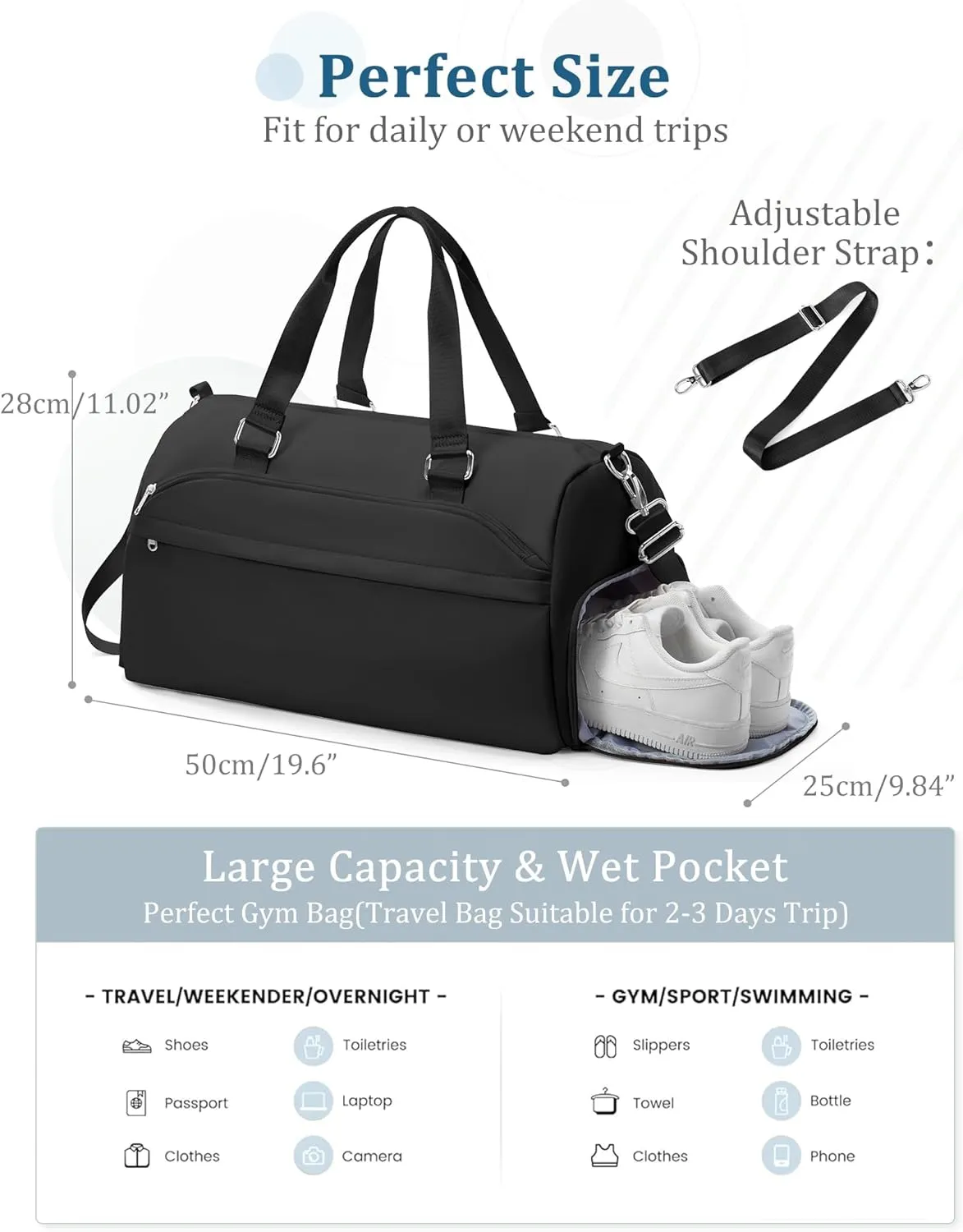 Gym Bag for Women with Shoe Compartment,Travel Duffel Bag for Men Sports Gym Tote Bags Carry on Overnight Bag Personal Item Travel Bag Weekender Bags Swimming Yoga Workout Bag Black