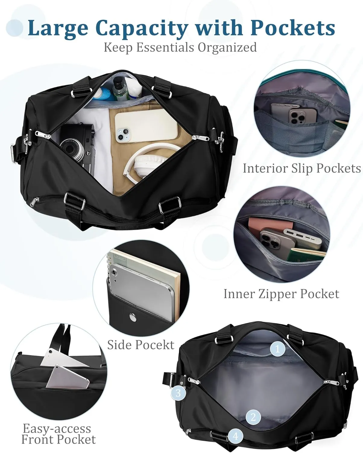 Gym Bag for Women with Shoe Compartment,Travel Duffel Bag for Men Sports Gym Tote Bags Carry on Overnight Bag Personal Item Travel Bag Weekender Bags Swimming Yoga Workout Bag Black