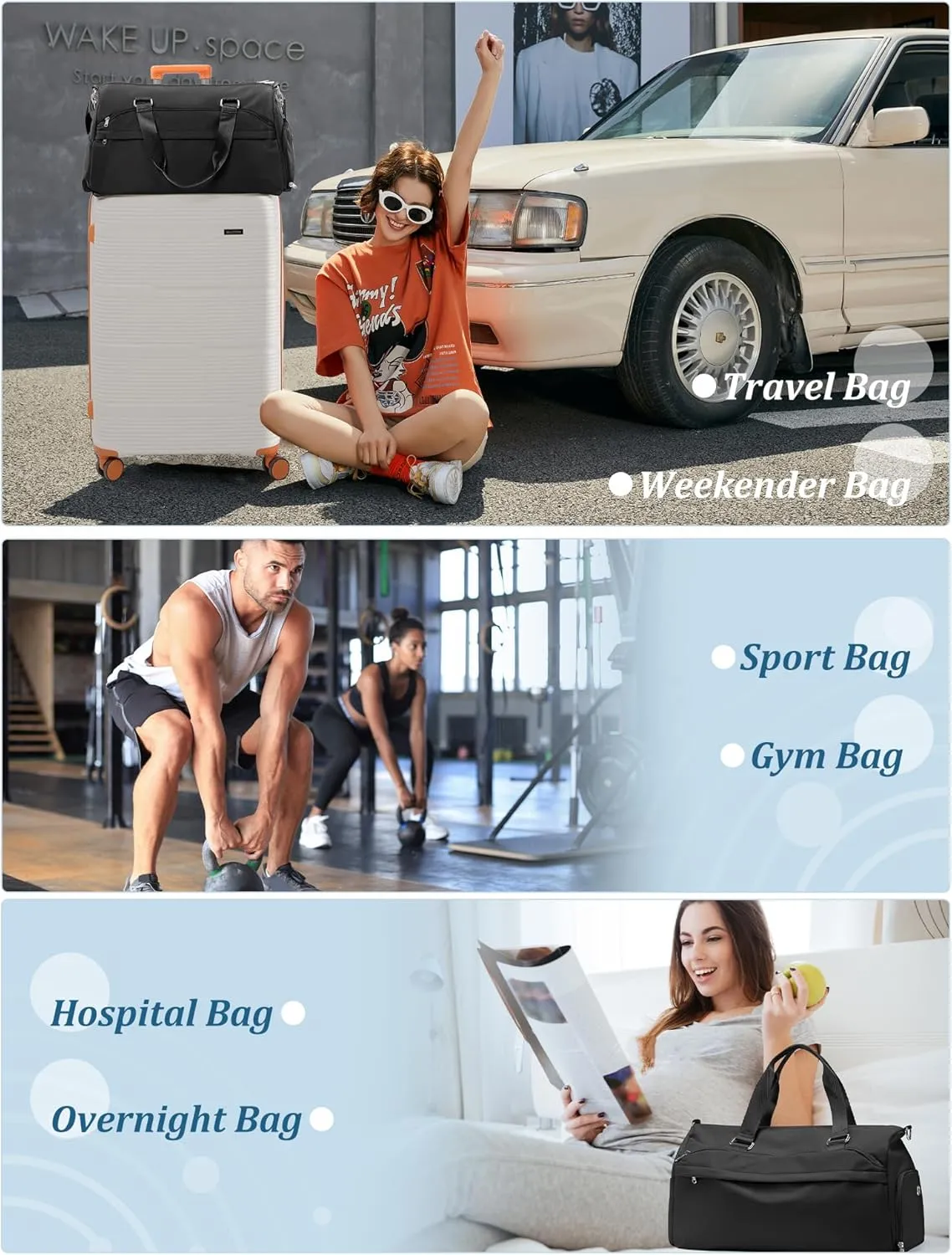 Gym Bag for Women with Shoe Compartment,Travel Duffel Bag for Men Sports Gym Tote Bags Carry on Overnight Bag Personal Item Travel Bag Weekender Bags Swimming Yoga Workout Bag Black