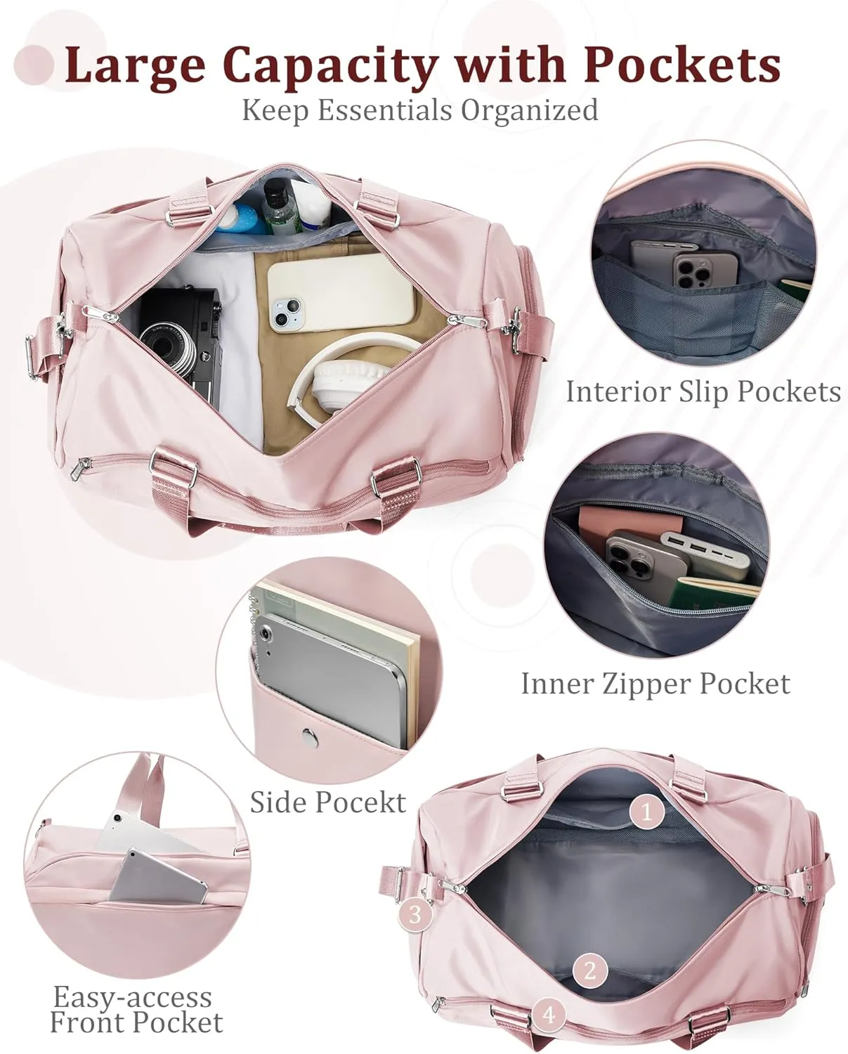 Gym Bag for Women with Shoe Compartment,Travel Duffel Bag for Men Sports Gym Tote Bags Carry on Overnight Bag Personal Item Travel Bag Weekender Bags Swimming Yoga Workout Bag Pink