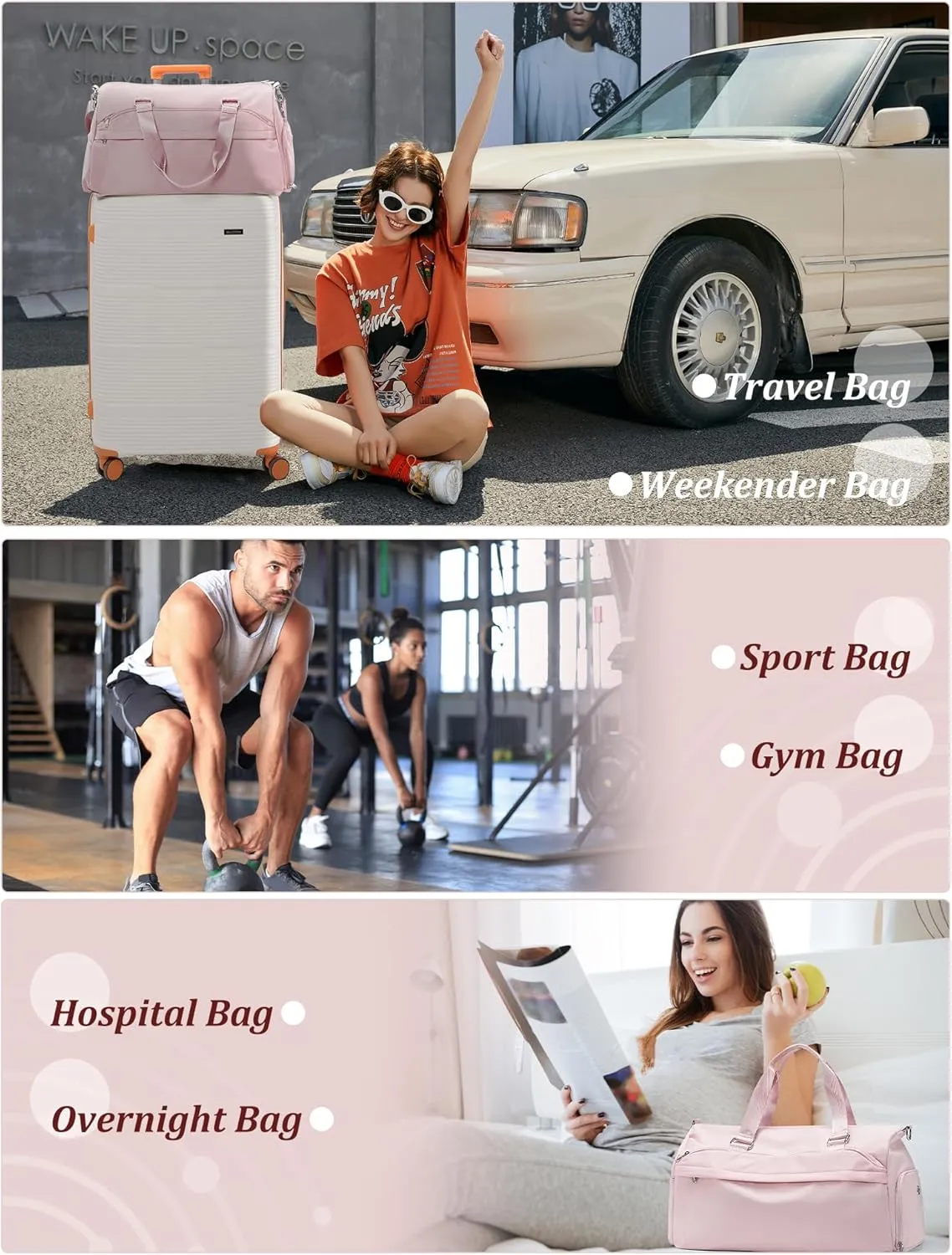 Gym Bag for Women with Shoe Compartment,Travel Duffel Bag for Men Sports Gym Tote Bags Carry on Overnight Bag Personal Item Travel Bag Weekender Bags Swimming Yoga Workout Bag Pink