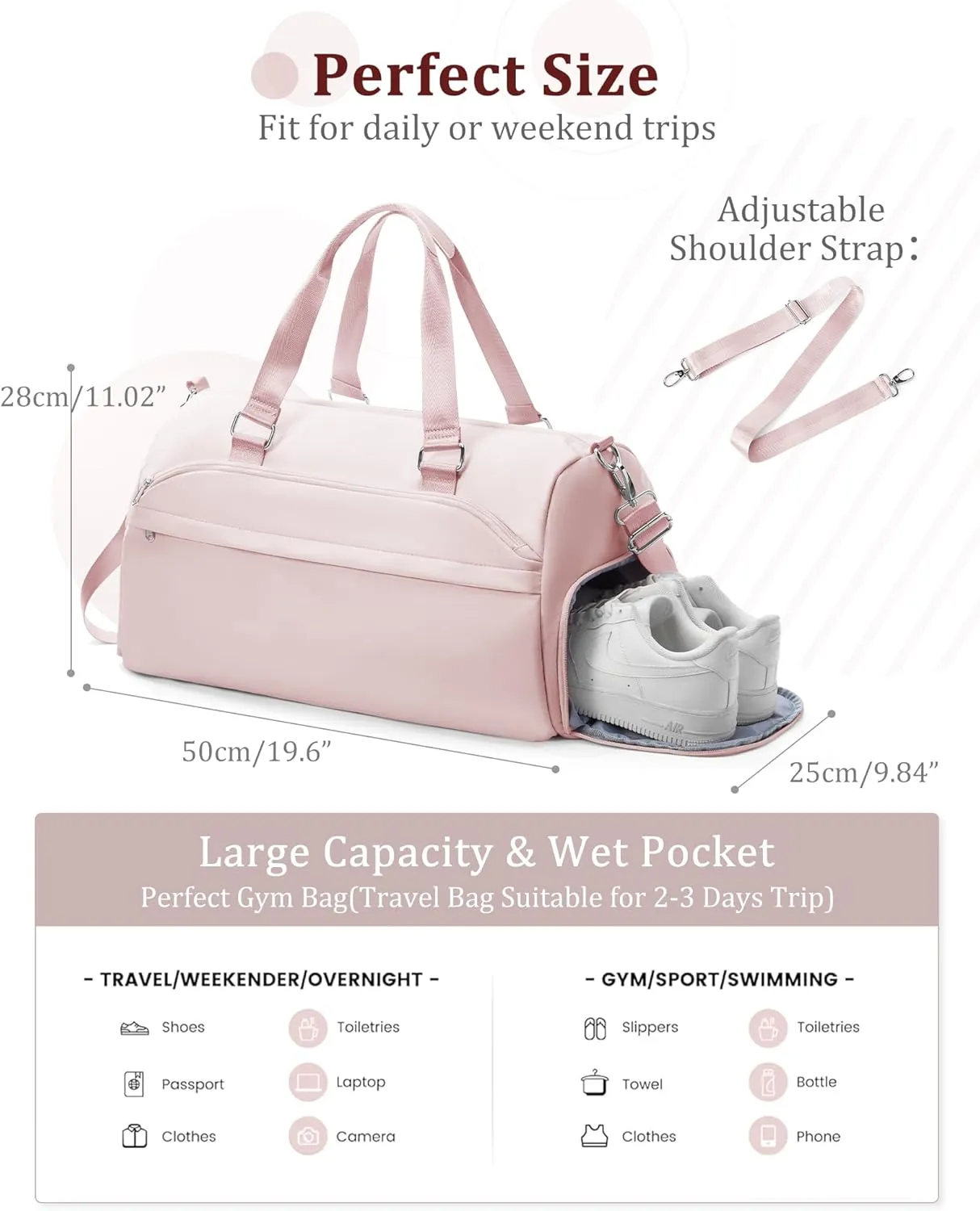Gym Bag for Women with Shoe Compartment,Travel Duffel Bag for Men Sports Gym Tote Bags Carry on Overnight Bag Personal Item Travel Bag Weekender Bags Swimming Yoga Workout Bag Pink
