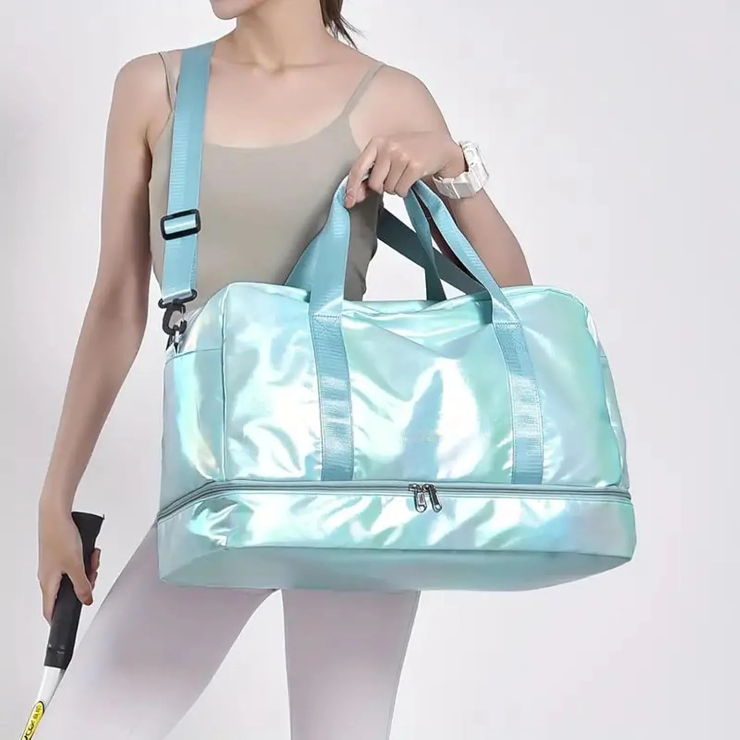 Gym Bag for Women,Sports Travel Duffel Bag,Shoulder Weekender Overnight Bag with Shoes Compartment Wet Pocket (fluorescent blue)