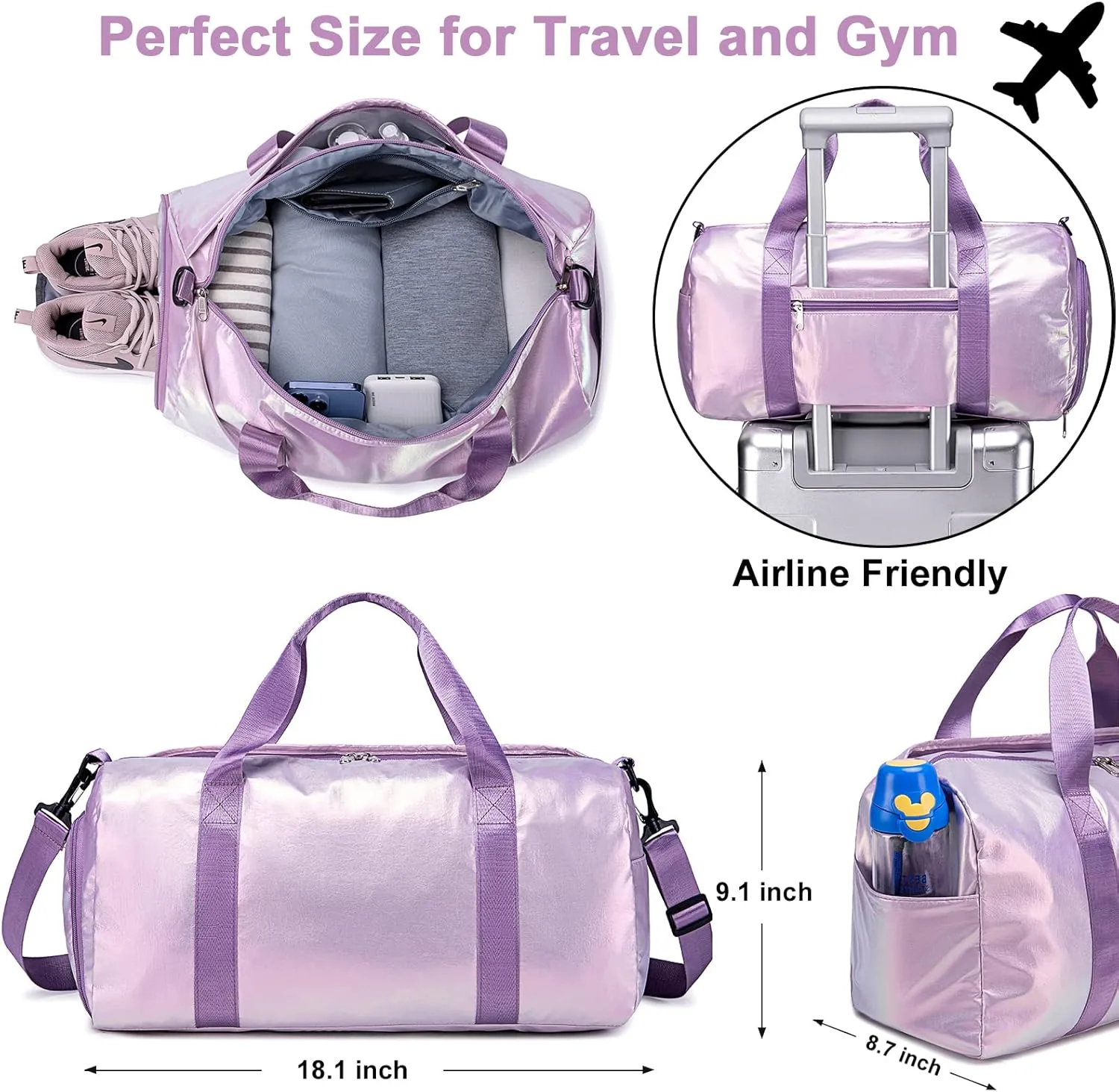 Gym Bag Sports Duffle Bag with Wet Pocket Weekender Overnight Bag with Waterproof Shoe Pouch and Air Hole for Girls Kids Women Travel Foldable Bag