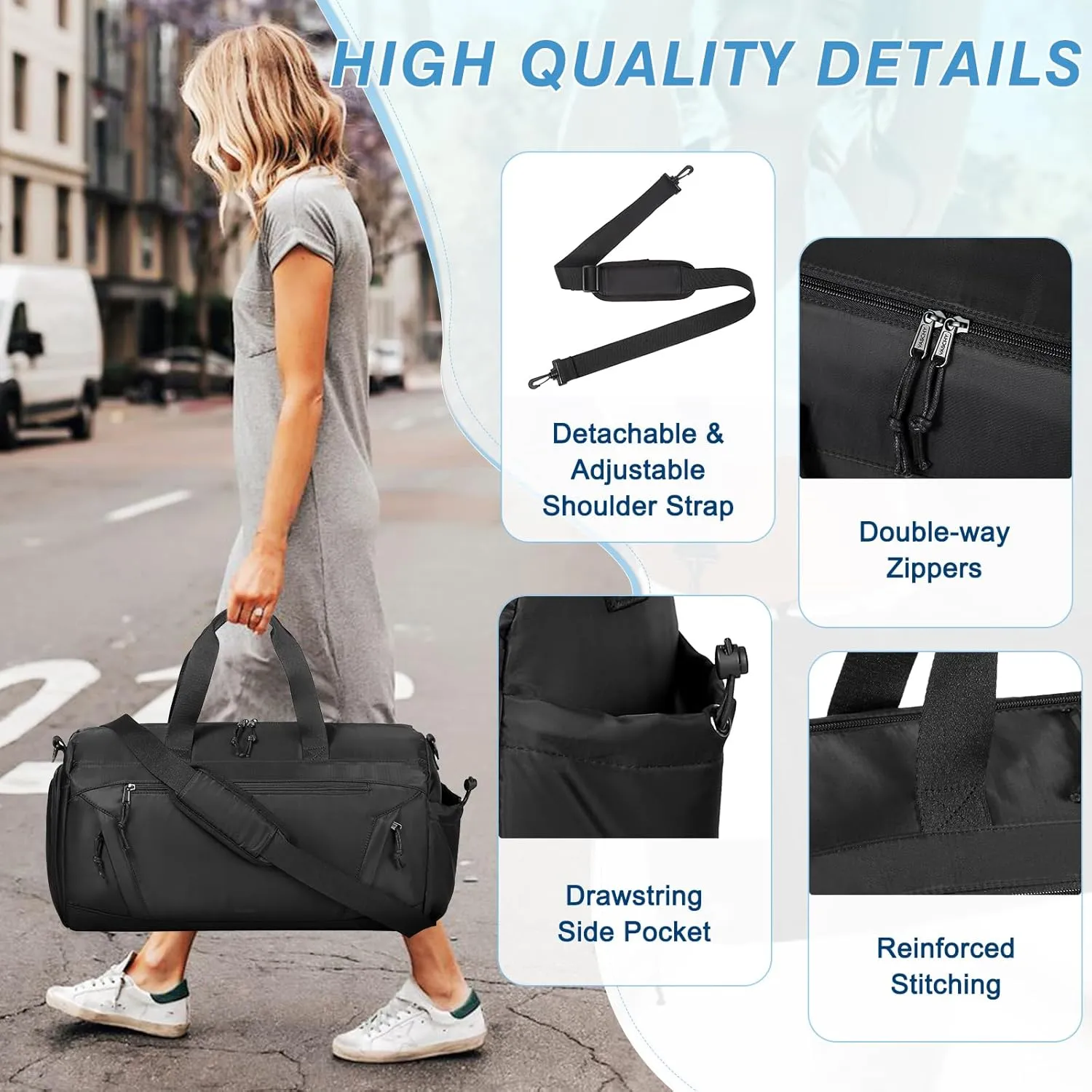 Gym Bag,Vaschy 20in Medium Weekender Overnight Carry on Duffle Bags for Women Men with Shoes Compartments Luggage Sleeve for Travel Black