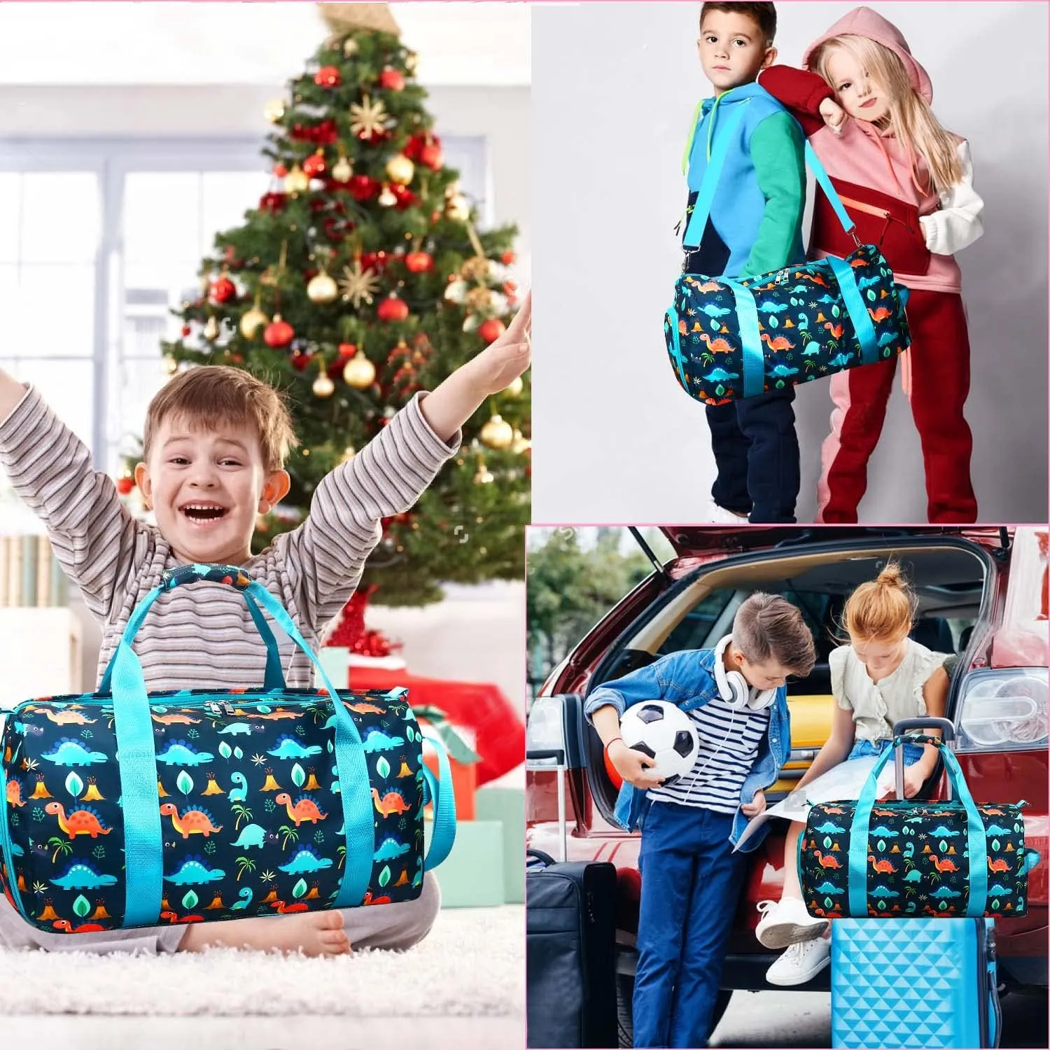 Gym Travel Duffle Bag for Girls - Gymnastics Sports Dance Bag with Shoe Compartment & Wet Pocket Dinosaur Kids Travel Bag Teens Weekender Sleepover Carry On Bag