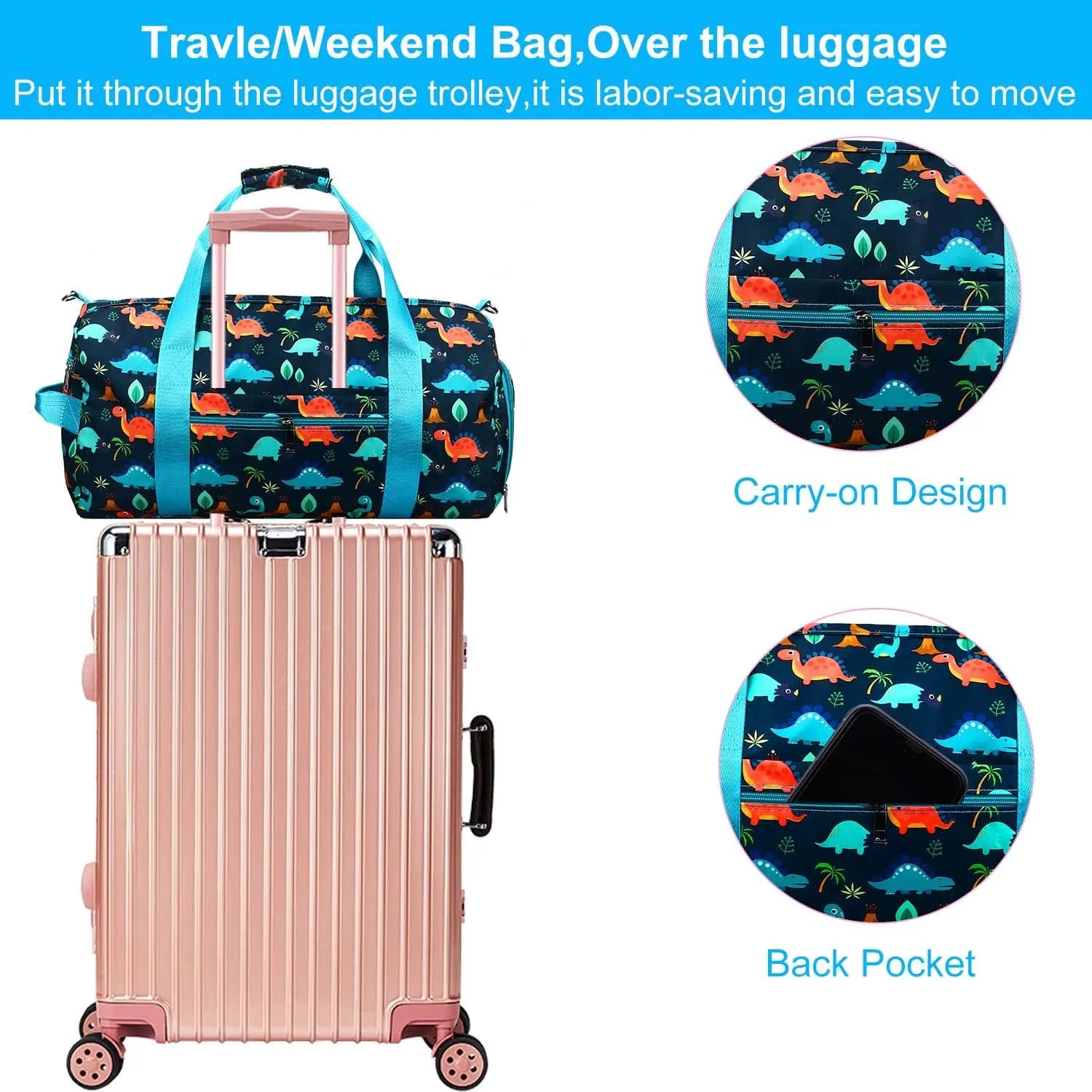 Gym Travel Duffle Bag for Girls - Gymnastics Sports Dance Bag with Shoe Compartment & Wet Pocket Dinosaur Kids Travel Bag Teens Weekender Sleepover Carry On Bag