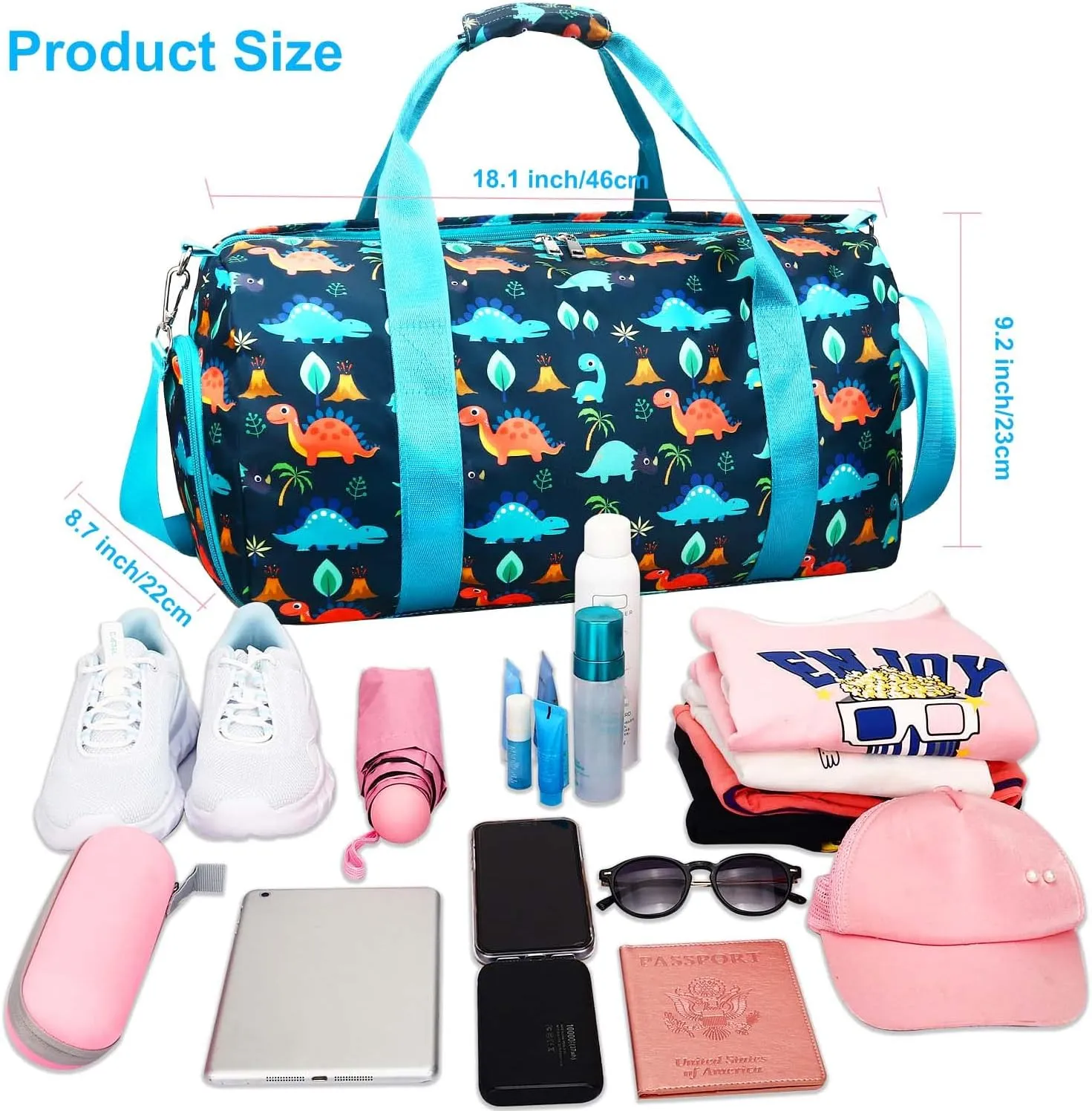 Gym Travel Duffle Bag for Girls - Gymnastics Sports Dance Bag with Shoe Compartment & Wet Pocket Dinosaur Kids Travel Bag Teens Weekender Sleepover Carry On Bag