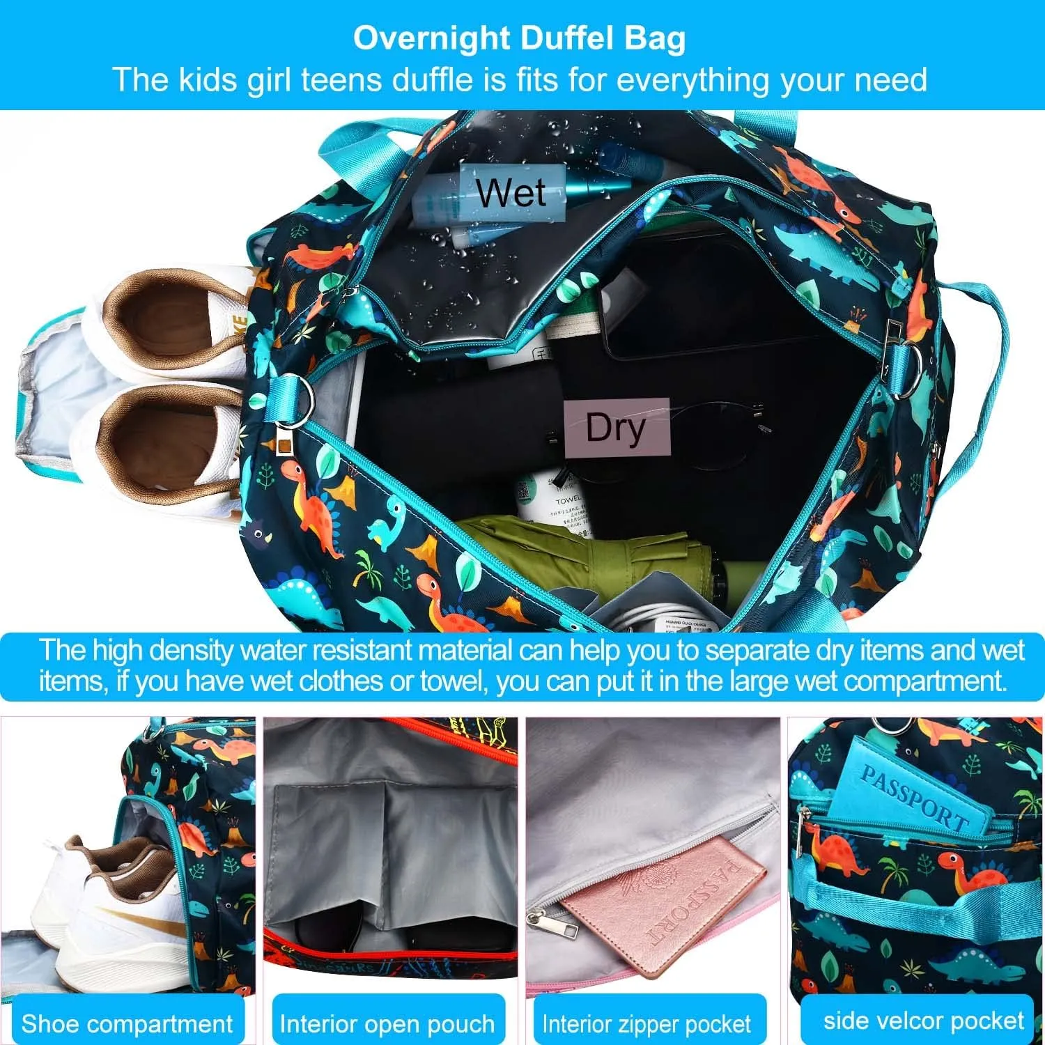 Gym Travel Duffle Bag for Girls - Gymnastics Sports Dance Bag with Shoe Compartment & Wet Pocket Dinosaur Kids Travel Bag Teens Weekender Sleepover Carry On Bag