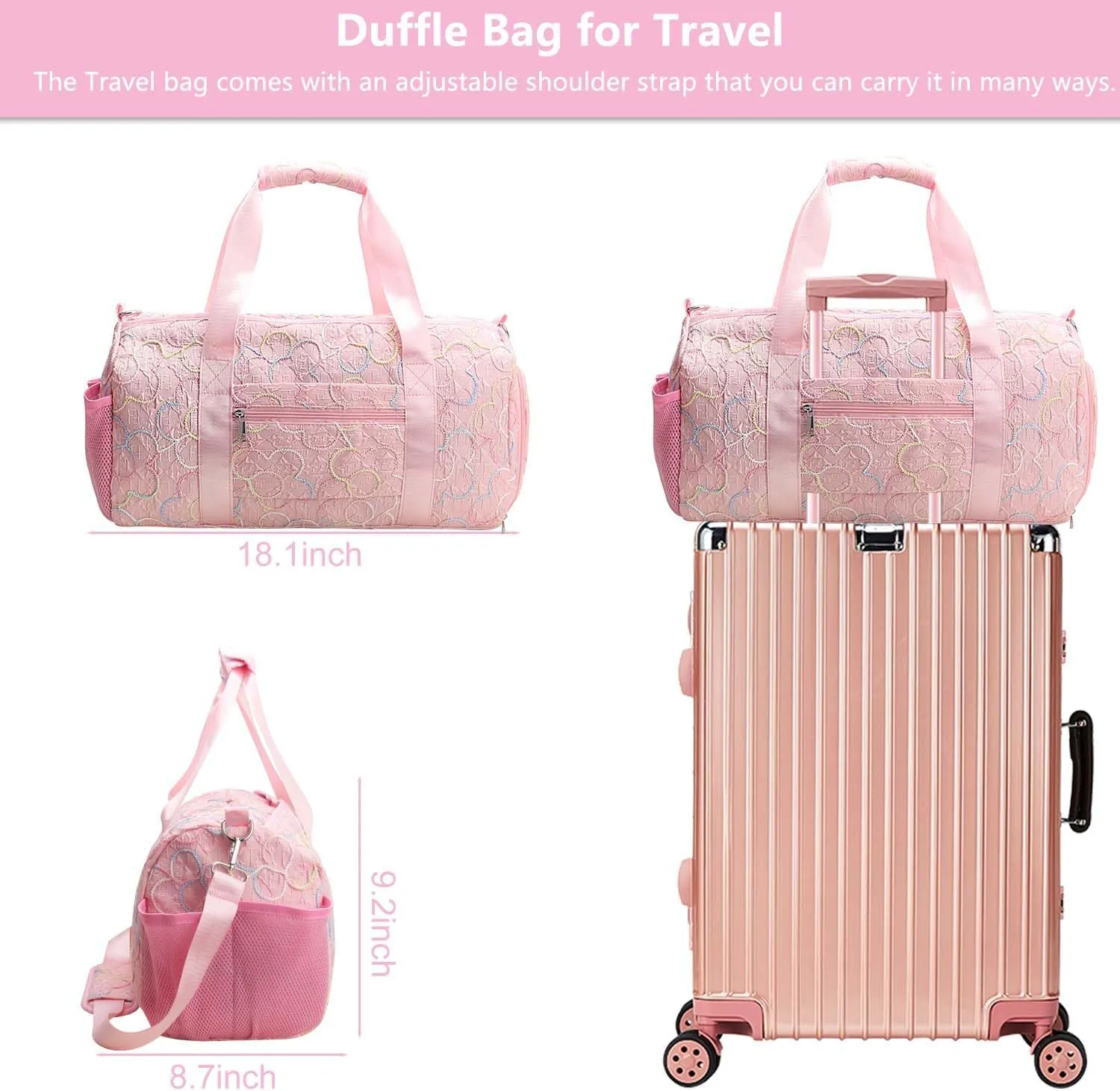 Gym Travel Duffle Bag for Girls - Gymnastics Sports Dance Bag with Shoe Compartment & Wet Pocket Kids Travel Bag Teens Weekender Sleepover Carry On Bag