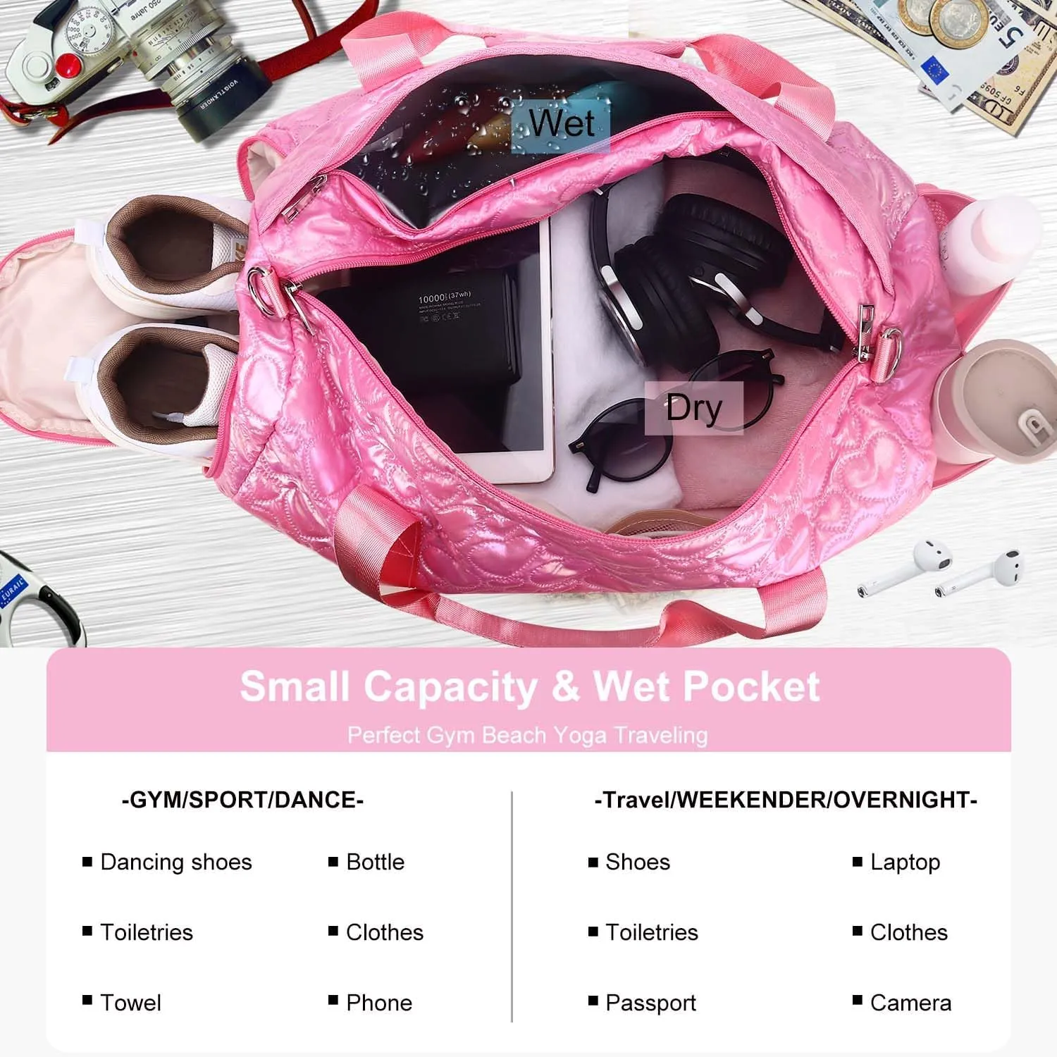 Gym Travel Duffle Bag for Girls - Gymnastics Sports Dance Bag with Shoe Compartment & Wet Pocket Kids Travel Bag Teens Weekender Sleepover Carry On Bag