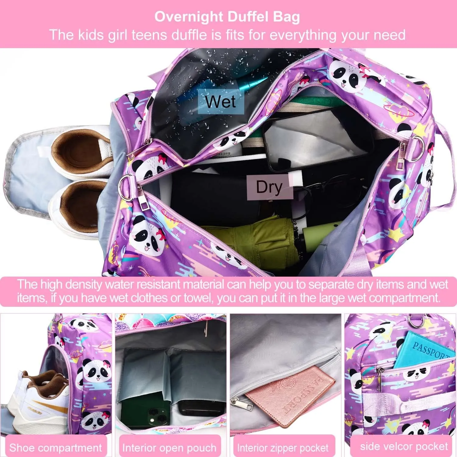 Gym Travel Duffle Bag for Girls - Gymnastics Sports Dance Bag with Shoe Compartment & Wet Pocket Panda Kids Travel Bag Teens Weekender Sleepover Carry On Bag