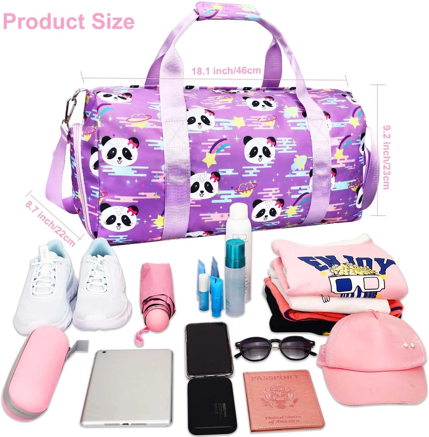 Gym Travel Duffle Bag for Girls - Gymnastics Sports Dance Bag with Shoe Compartment & Wet Pocket Panda Kids Travel Bag Teens Weekender Sleepover Carry On Bag