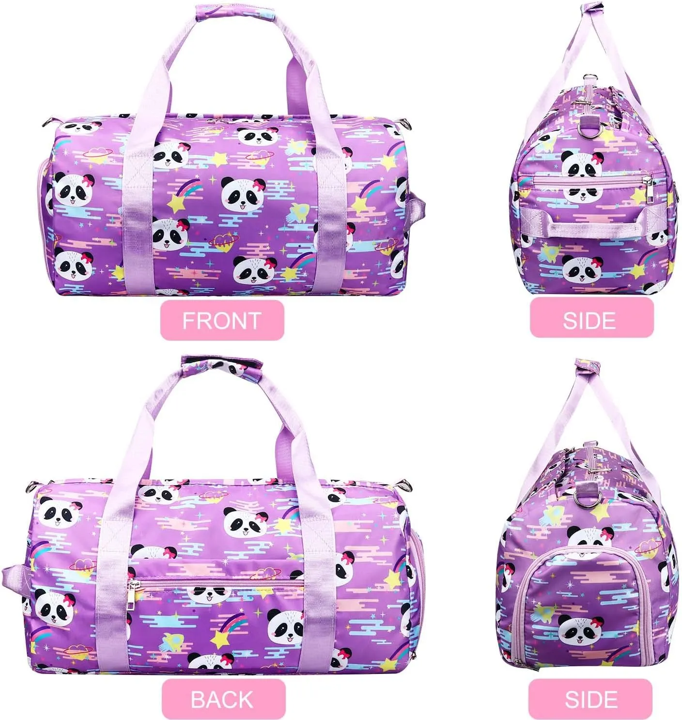 Gym Travel Duffle Bag for Girls - Gymnastics Sports Dance Bag with Shoe Compartment & Wet Pocket Panda Kids Travel Bag Teens Weekender Sleepover Carry On Bag