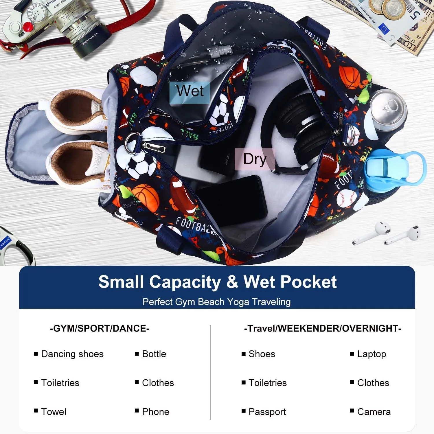Gym Travel Duffle Bag for Girls - Gymnastics Sports Dance Bag with Shoe Compartment & Wet Pocket Panda Kids Travel Bag Teens Weekender Sleepover Carry On Bag
