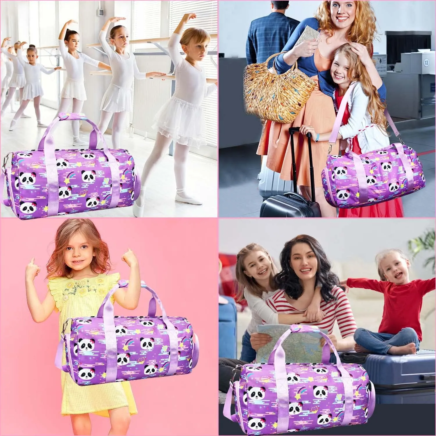 Gym Travel Duffle Bag for Girls - Gymnastics Sports Dance Bag with Shoe Compartment & Wet Pocket Panda Kids Travel Bag Teens Weekender Sleepover Carry On Bag
