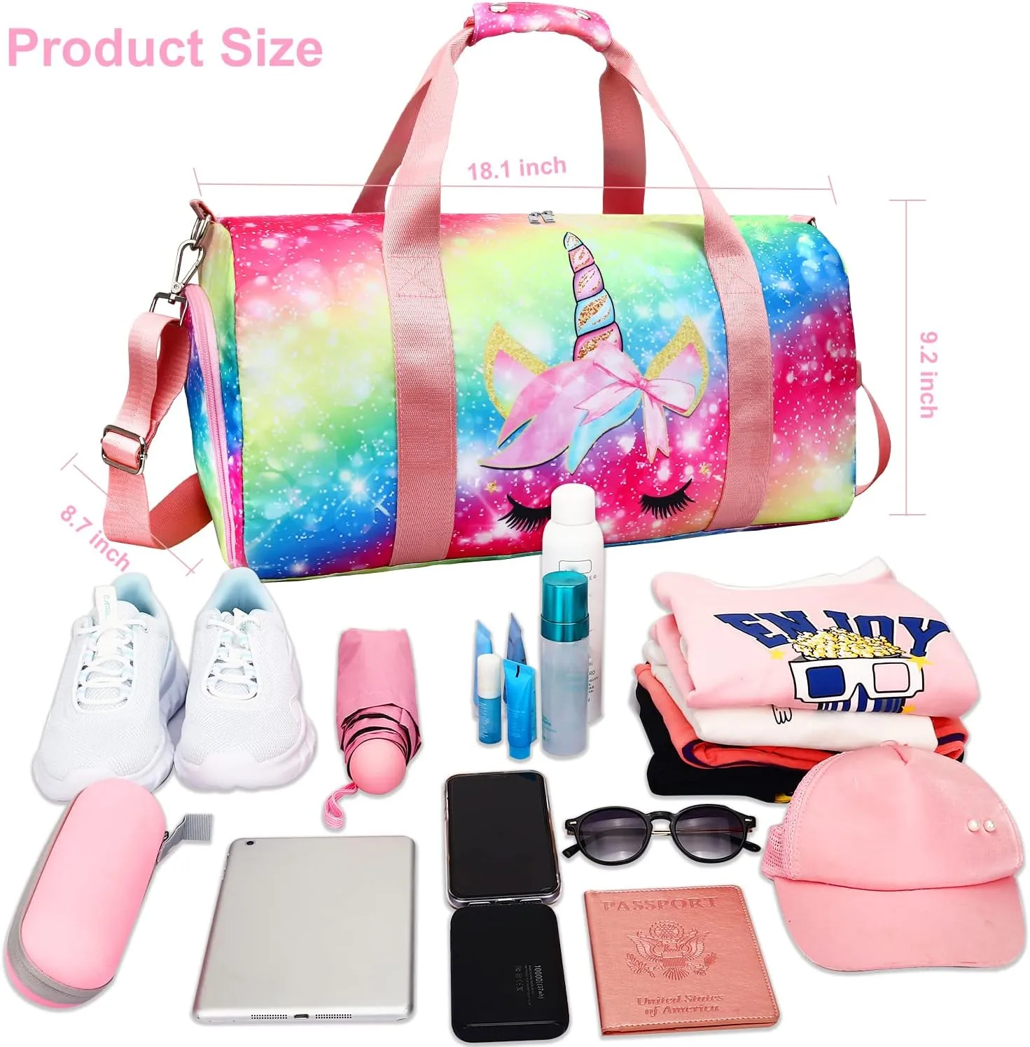 Gym Travel Duffle Bag for Girls - Gymnastics Sports Dance Bag with Shoe Compartment & Wet Pocket Unicorn Kids Travel Bag Teens Weekender Sleepover Carry