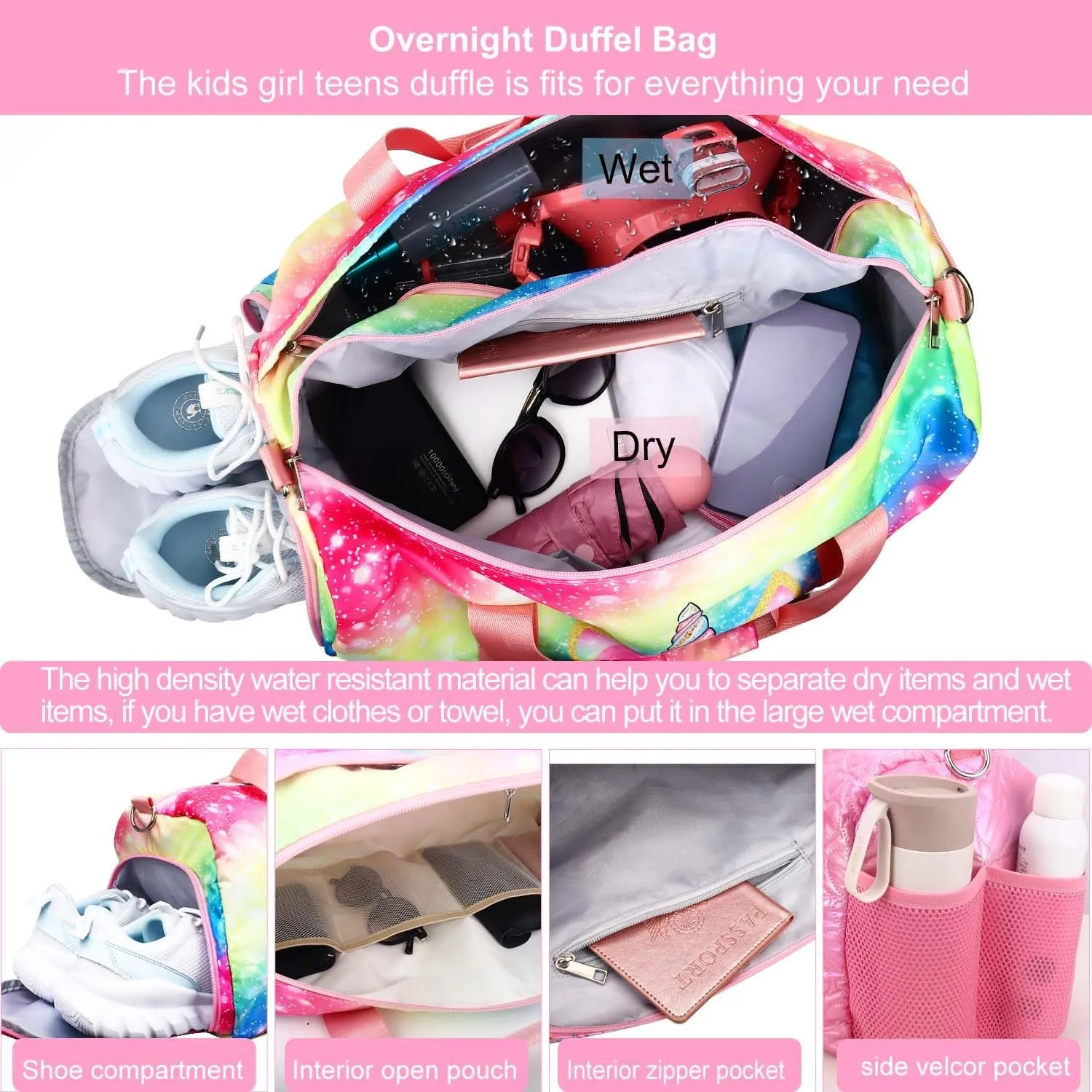 Gym Travel Duffle Bag for Girls - Gymnastics Sports Dance Bag with Shoe Compartment & Wet Pocket Unicorn Kids Travel Bag Teens Weekender Sleepover Carry