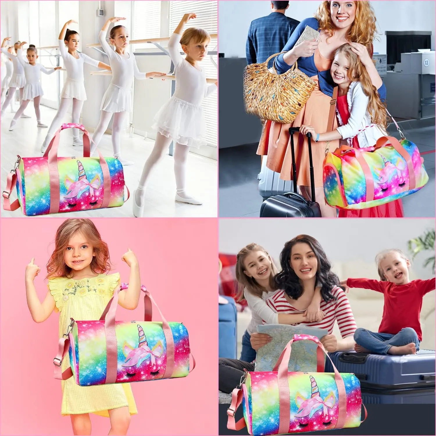 Gym Travel Duffle Bag for Girls - Gymnastics Sports Dance Bag with Shoe Compartment & Wet Pocket Unicorn Kids Travel Bag Teens Weekender Sleepover Carry