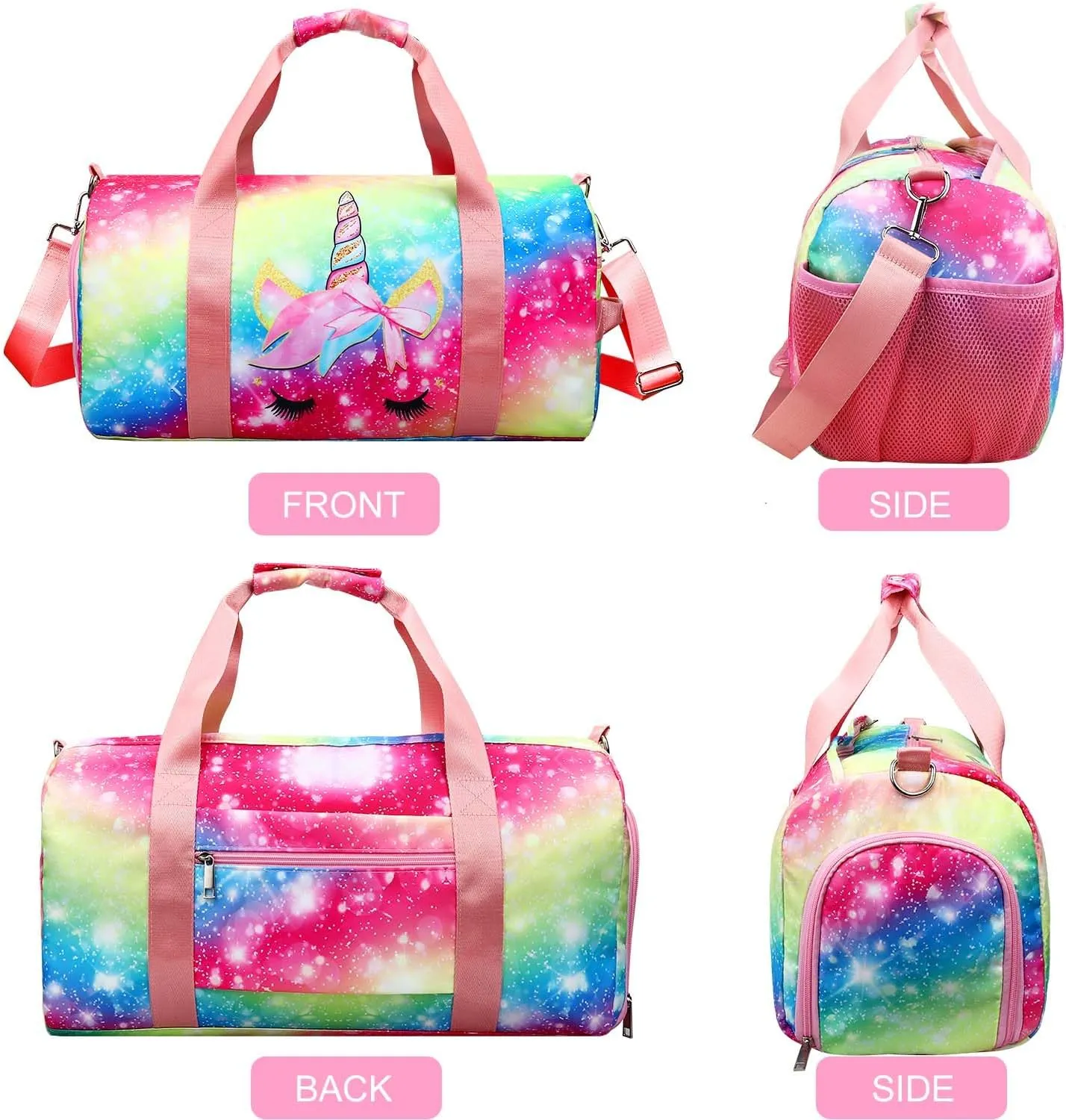 Gym Travel Duffle Bag for Girls - Gymnastics Sports Dance Bag with Shoe Compartment & Wet Pocket Unicorn Kids Travel Bag Teens Weekender Sleepover Carry