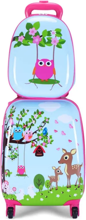 GYMAX Kids Carry On Luggage Set, 12" & 16" 2PCS Rolling Suitcase