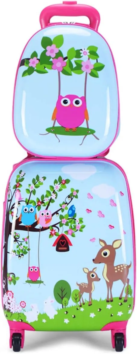GYMAX Kids Carry On Luggage Set, 12" & 16" 2PCS Rolling Suitcase