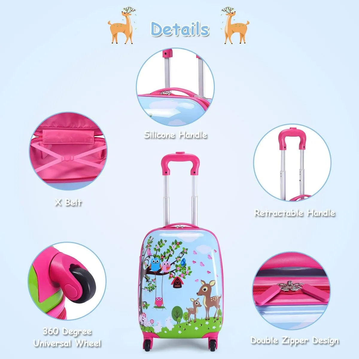 GYMAX Kids Carry On Luggage Set, 12" & 16" 2PCS Rolling Suitcase