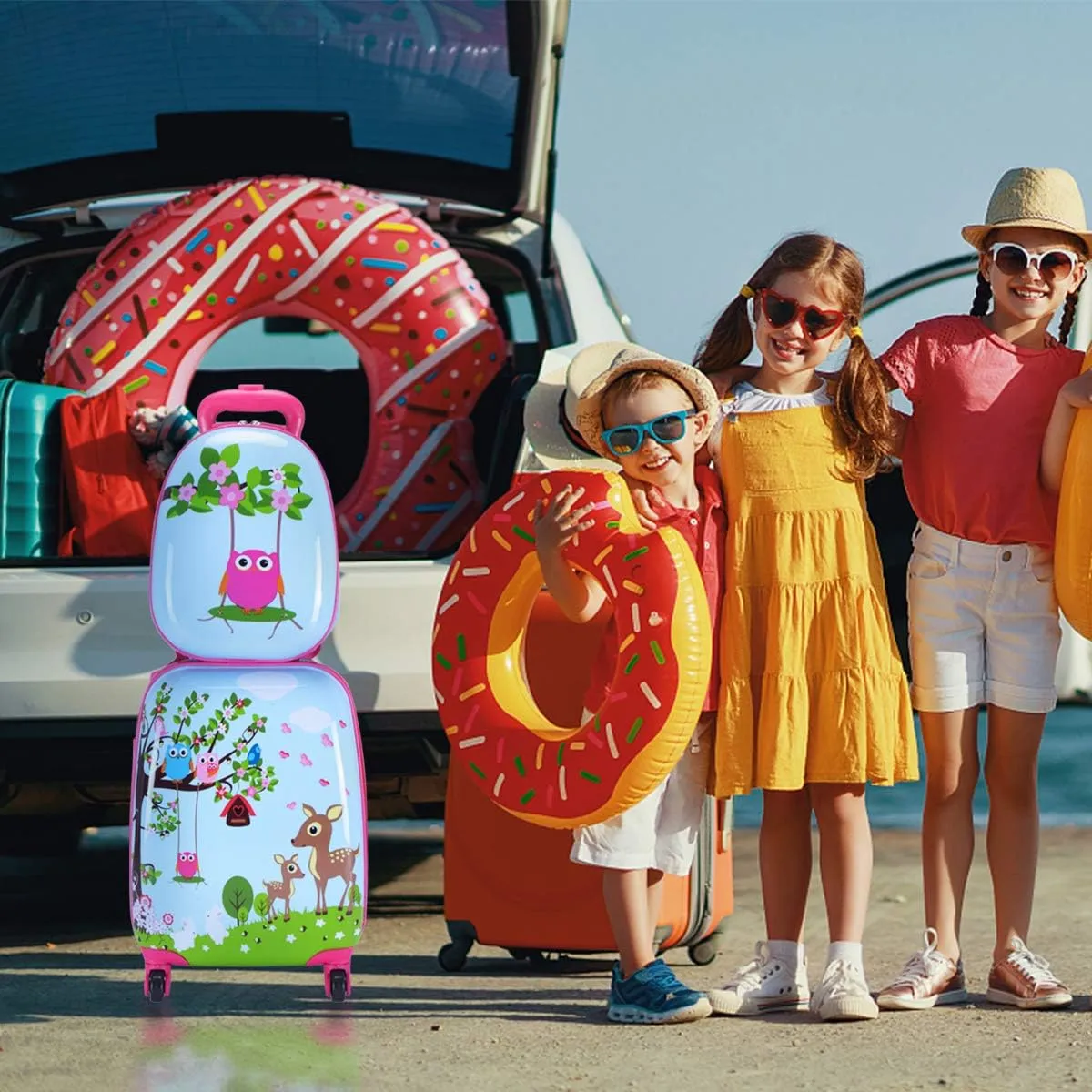 GYMAX Kids Carry On Luggage Set, 12" & 16" 2PCS Rolling Suitcase