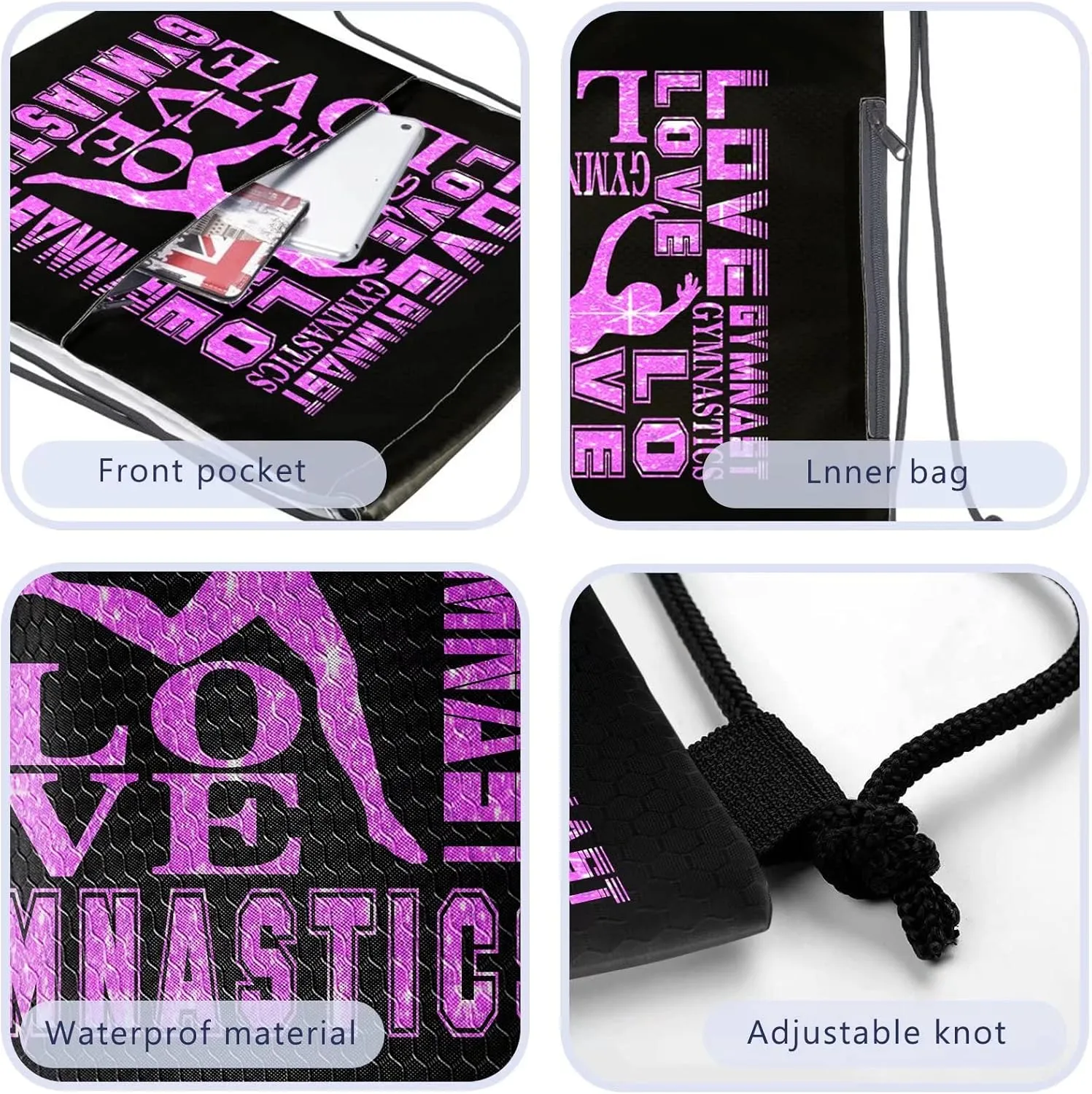 Gymnastics Drawstring Backpack Love Gymnastics Bag,Sackpack String Bag Cinch Waterproof Sackpack for Sport Gym Beach Shopping Yoga