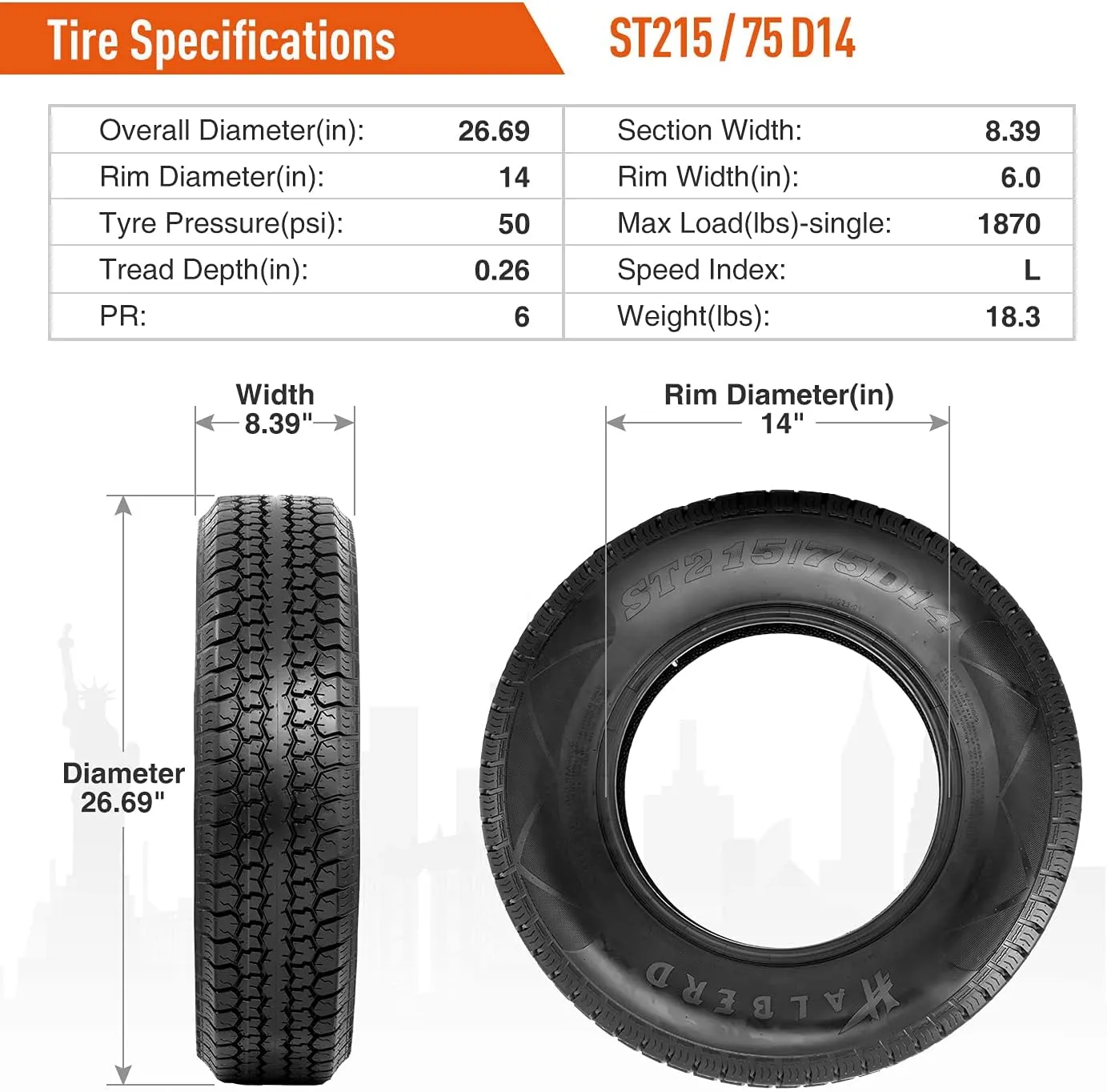 HALBERD Premium New Trailer Tires ST215/75D14, 6PR Load Range C, 14in Fuel-saving Designed Trailer Tires 215 75 14 for Travel/Camper/Landscape/Cargo/Utility/Boat/Horse/Farm/Hauler Trailer(Pack of 1)
