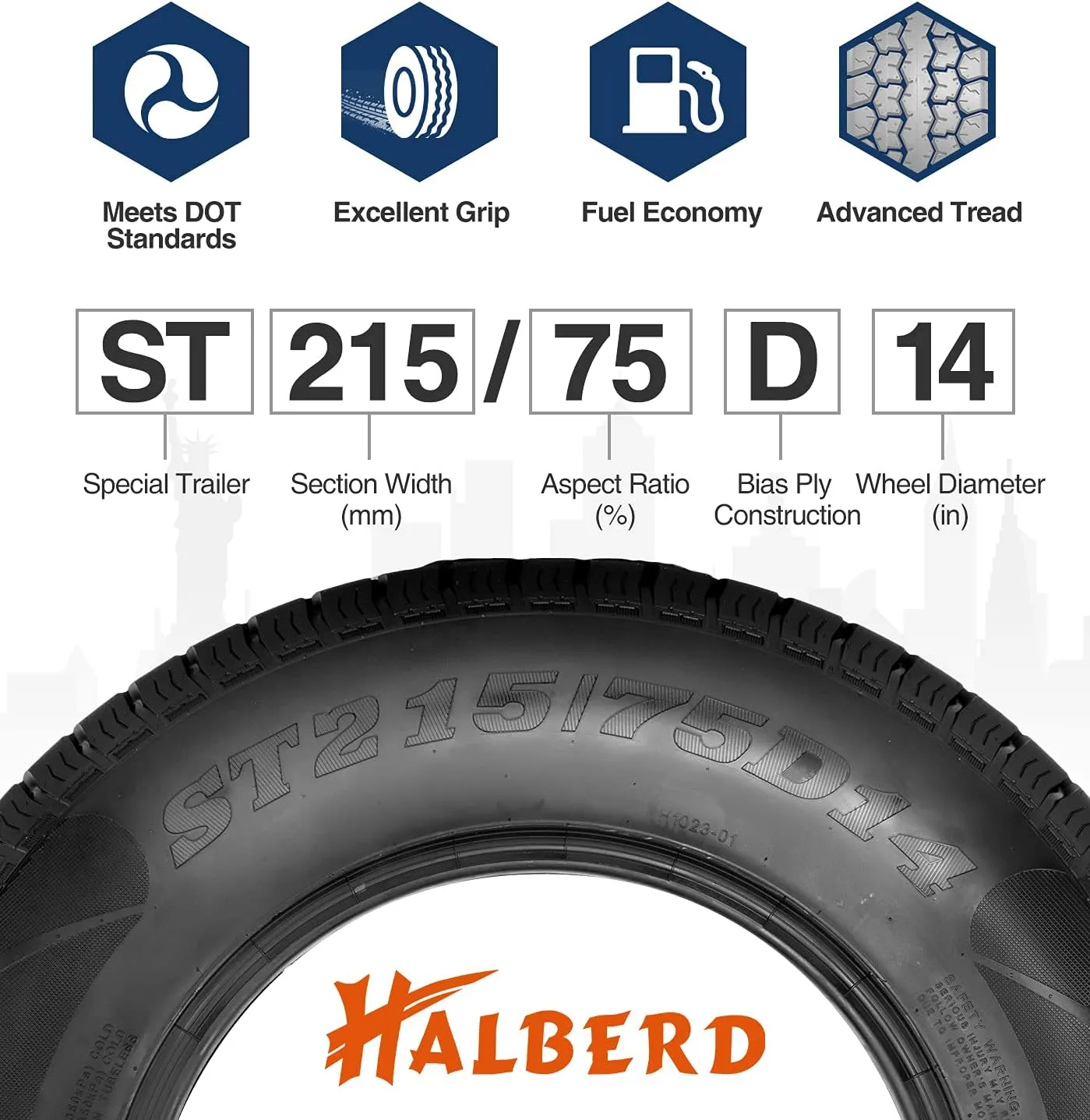 HALBERD Premium New Trailer Tires ST215/75D14, 6PR Load Range C, 14in Fuel-saving Designed Trailer Tires 215 75 14 for Travel/Camper/Landscape/Cargo/Utility/Boat/Horse/Farm/Hauler Trailer(Pack of 1)
