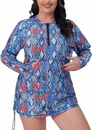 Halcurt Plus Size Rash Guard for Women UPF 50  Zip Drawstring Ruched Pocket Top