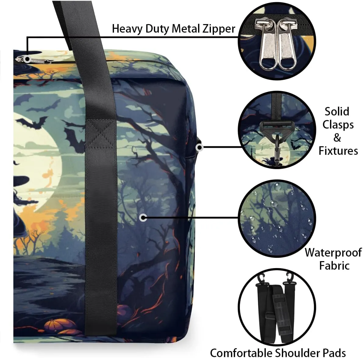 Halloween Witch Bats Womens Travel Bags, Weekender Carry on for Women, Sports Gym Bag, Workout Duffel bag, Overnight Shoulder Bag