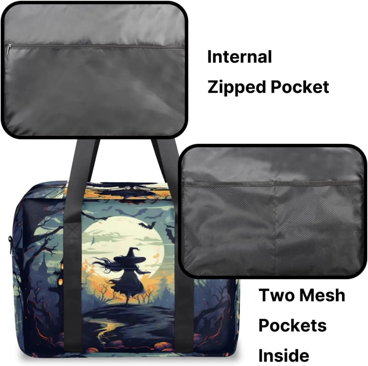 Halloween Witch Bats Womens Travel Bags, Weekender Carry on for Women, Sports Gym Bag, Workout Duffel bag, Overnight Shoulder Bag