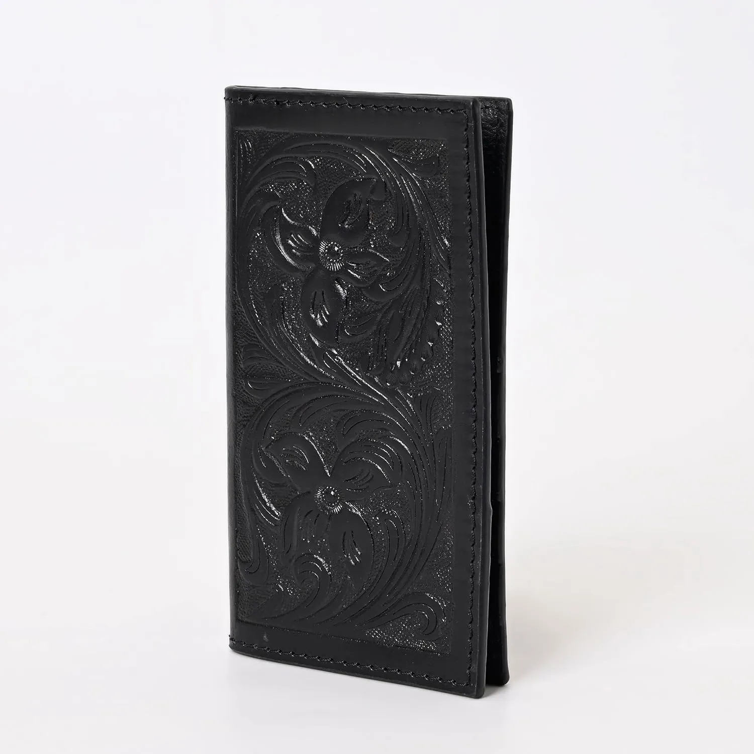Handcrafted Western Leather Wallet for Men & Women Card Holder RFID Protected Checkbook Cover Purses Leather Hand Bag Genuine Leather Slim Bifold Wallet Western Design Handtooled Black