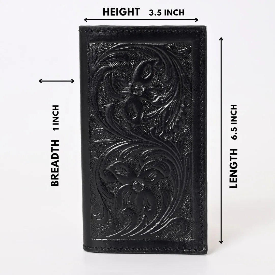 Handcrafted Western Leather Wallet for Men & Women Card Holder RFID Protected Checkbook Cover Purses Leather Hand Bag Genuine Leather Slim Bifold Wallet Western Design Handtooled Black