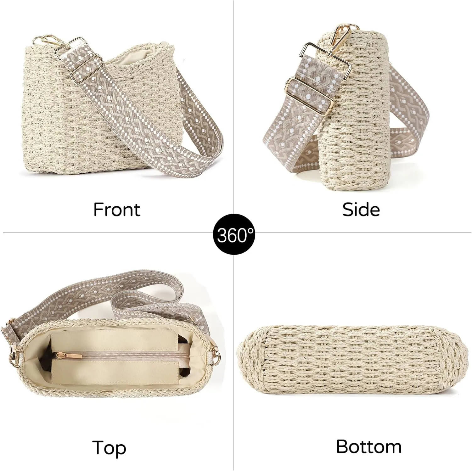 Handwoven Straw Purses for Women - Boho Crossbody Bag with Adjustable Strap - Summer Beach Shoulder Purse